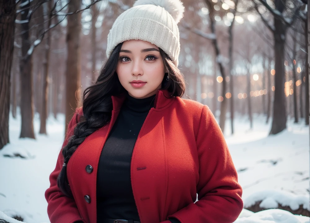 Beautiful sensual woman with a curvy body, long hair, bangs, french braid, widest waist, fitting breasts, curvy accentuated booty, sparkling eyes, long eyelashes, thick thighs, Strong calves, smirk, taniaayusiregar, She wears a red wool Coat, black Pullover, white trousers, belt, beanie, she is in a dark low lit Park, evening in Winter, snowy, photorealistic, Masterpiece, bokeh, Volumetric lighting, winter season atmosphere, close up shot