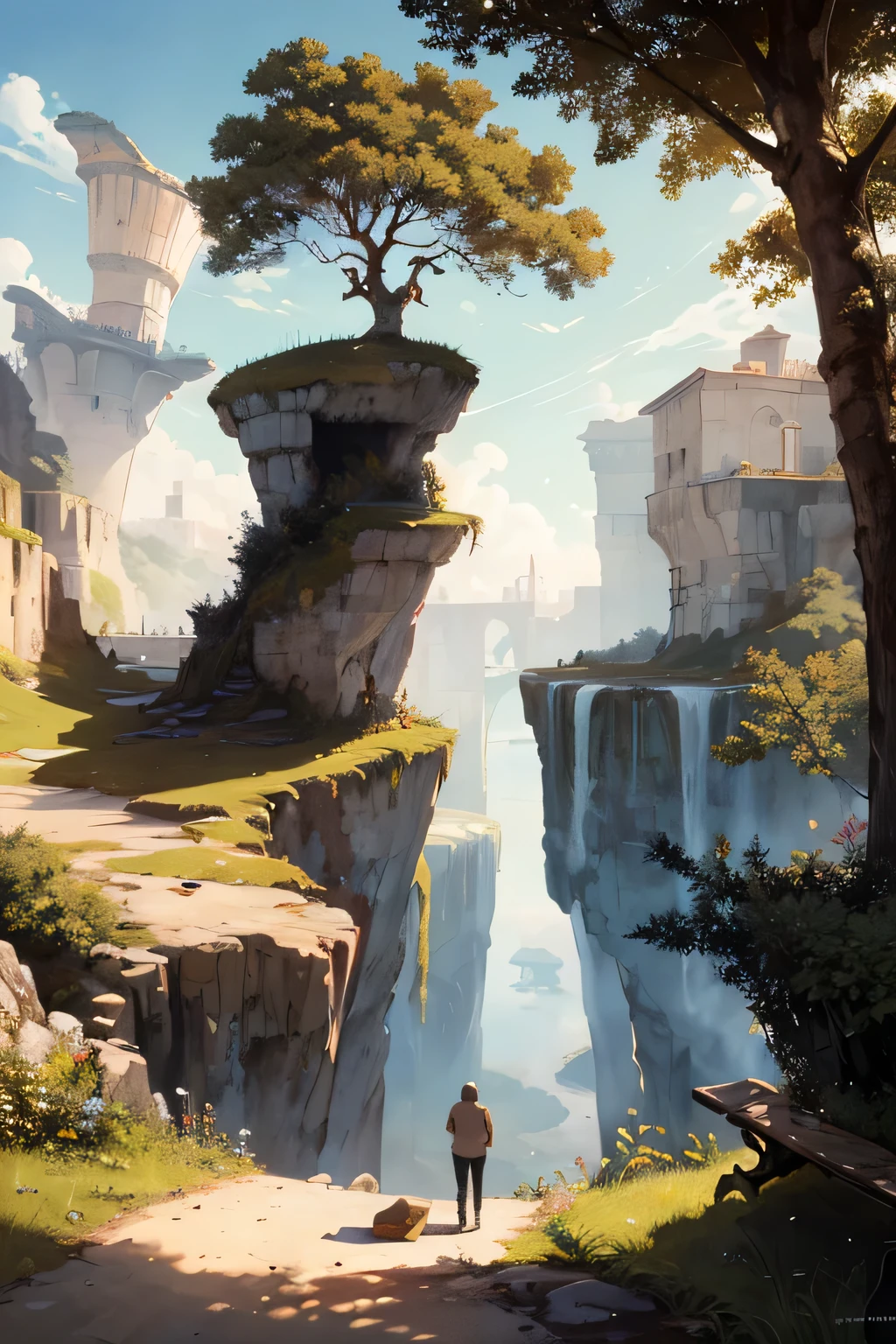 ((best quality)), ((masterpiece)), (detailed), perfect facea painting of a person standing on a cliff with a tree on top of it and a person standing on a bench, Chris LaBrooy, neo-romanticism, sky, a detailed painting