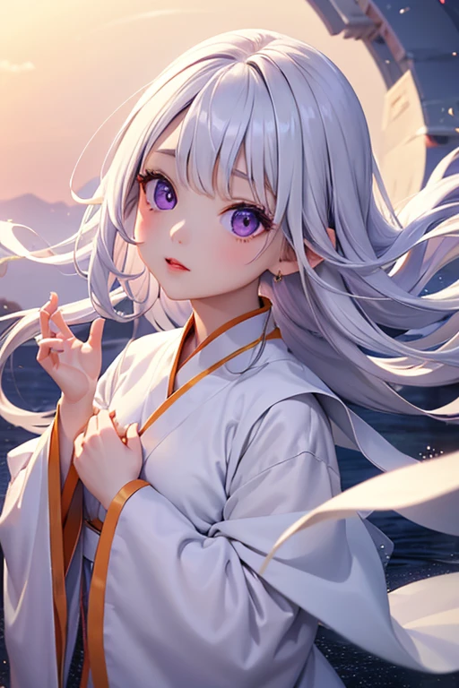 high quality、masterpiece、animation、One Girl、Angel、Skinny、Silver Hair、albino、Right eye is purple、Lipstick is orange、wearing a white robe、Floating in the air on the lake、大きなAngelの羽を広げて、Like a prayer、Fold your hands on your chest、Overall image