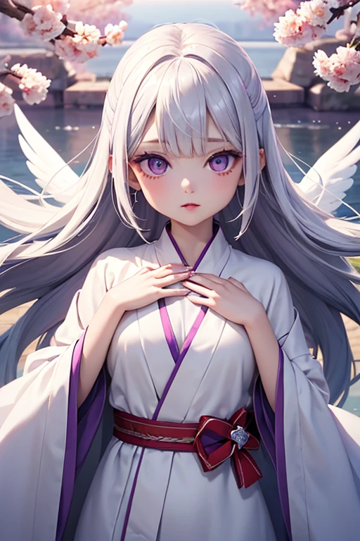 high quality、masterpiece、animation、One Girl、Angel、Skinny、Silver Hair、albino、Right eye is purple、Lipstick is orange、wearing a white robe、Floating in the air on the lake、大きなAngelの羽を広げて、Like a prayer、Fold your hands on your chest、Overall image