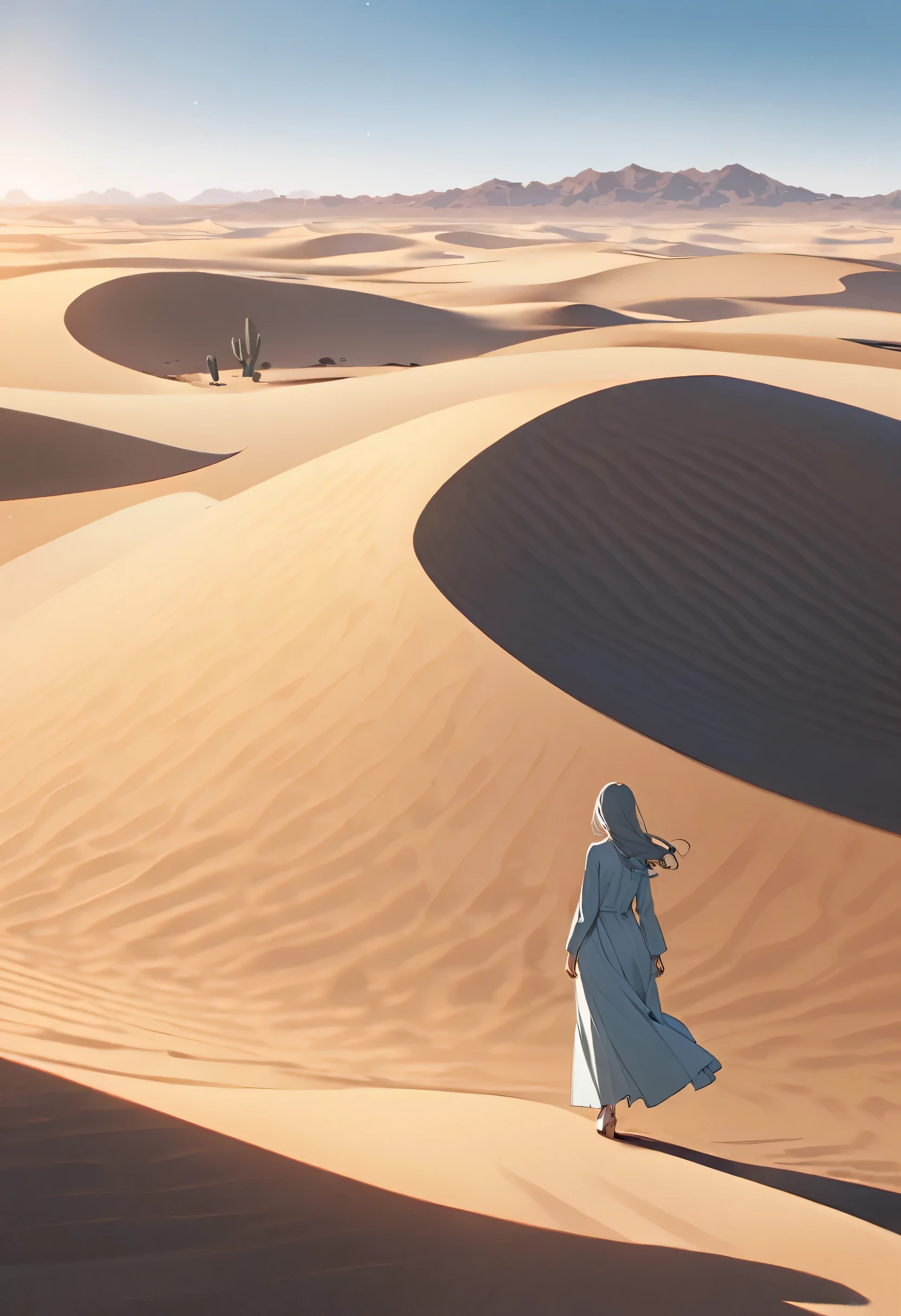 A woman wearing a pastel gray colored gown walking in a vast desert landscape with rolling sand dunes, a brilliant blue sky, and a solitary cactus silhouetted against the horizon."
