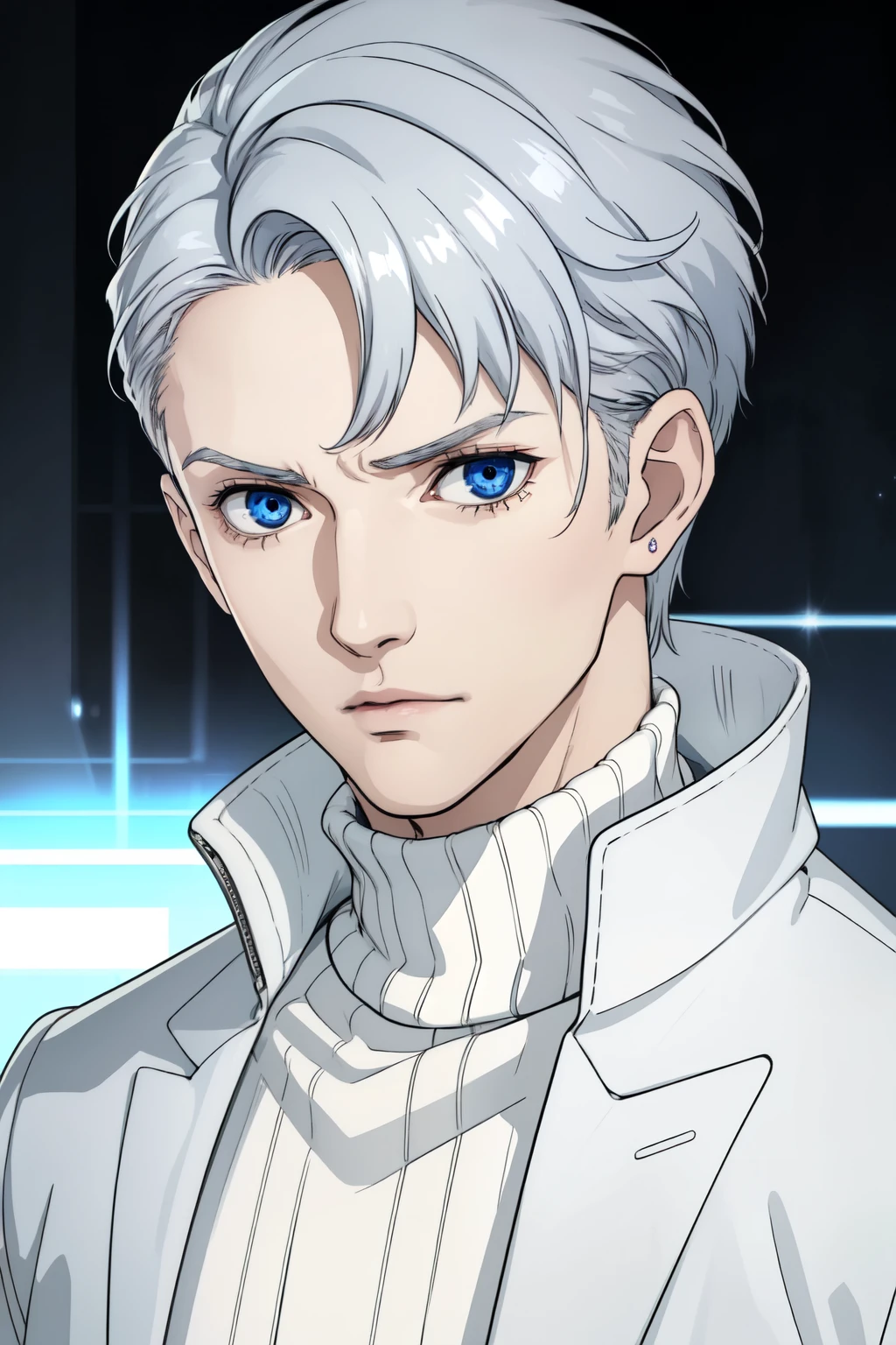 Boy, silver hair, blue eyes, serious sharp features, white skin, handsome, sweater, jacket