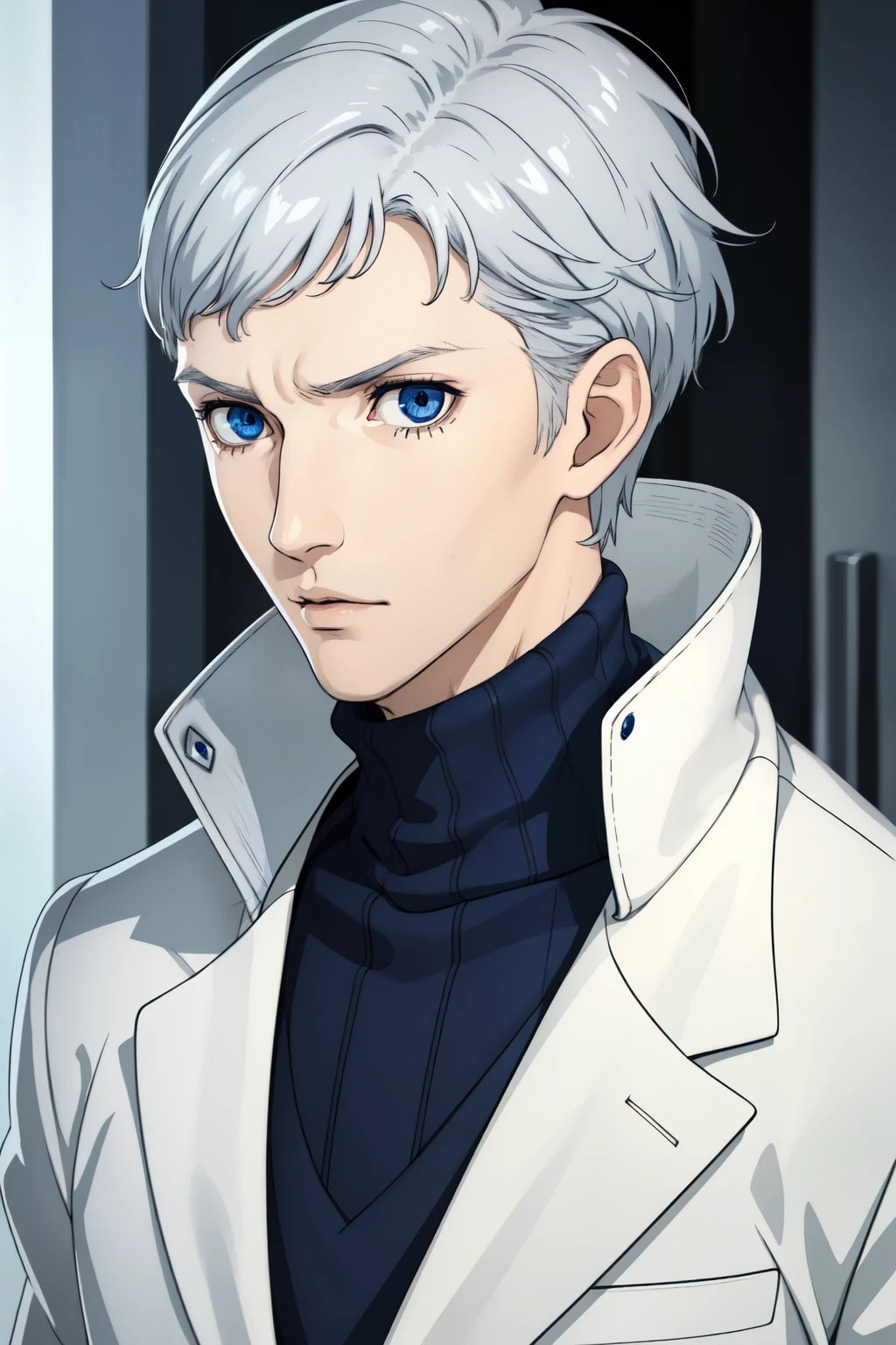 Boy, silver hair, blue eyes, serious sharp features, white skin, handsome, sweater, jacket