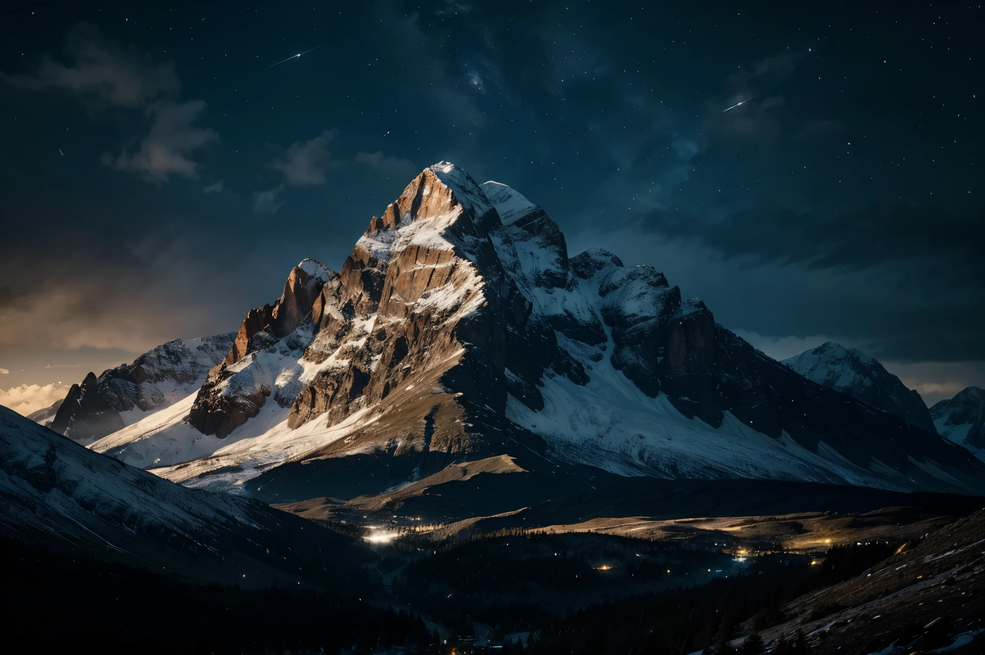 Large mountain, ground view, far view, night time, mountain fogus, big planet on sky, no one，Dark fantasy storyline，Perfect and wonderful composition，8k resolution，details，rain path，moisture，Water stains，Take a very wide angle photo.，Jack Guzman&#39;s environmental art photography，realistically，movie elements，Volumetric illumination，brightness, Detailed, dramatic sky, Multi-colored clouds floating.，true to life, clear public space, flawless perfection, SLR digital camera, 16k, 1024, 2048, 4096, Detailed, sharp, best quality, มีHigh quality, nonsense，Driverless background，which has many details、Shadows with details，Trends on artstation、complicated、high details、Dramaidjourney art（Volumetric illumination：1.2）shot in hdr。（Distant view，super deep view，ultra wide angle，Microfocal length lens：1.2）（realistically：1.4）Masterpiece、High quality、Beautiful photography、world class illumination.,full colour+mood and tone, IMAX cameras., national geographic, photography,Lord of the Rings style, Polaroid, high-detail realistic 8k full HD.
