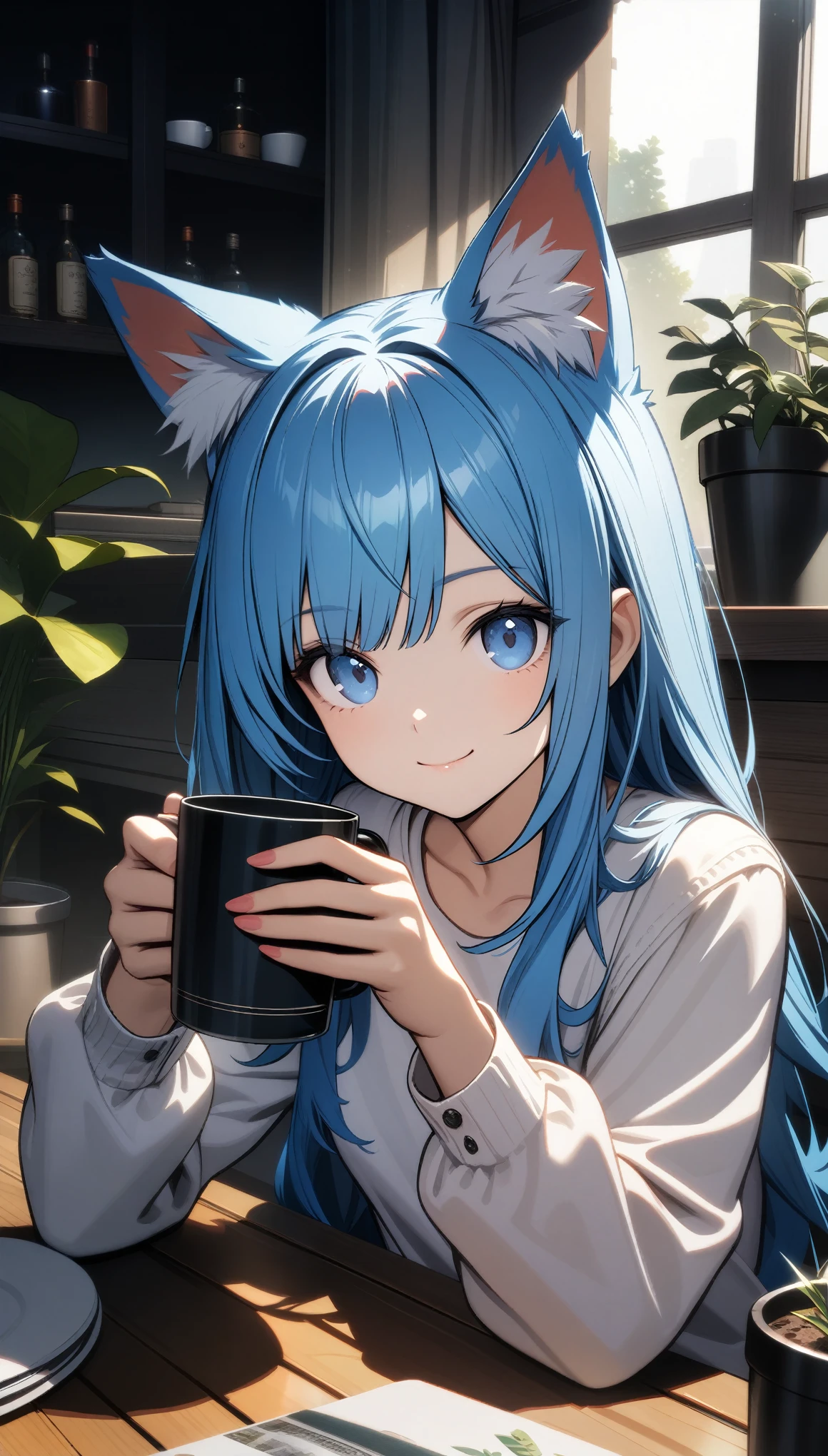 32k, best quality, ultra high res, HDR, UHD, extremely detailed CG, unity 32k wallpaper, 1girl, solo, long hair, looking at viewer, smile, bangs, blue eyes, shirt, long sleeves, holding, animal ears, closed mouth, blue hair, white shirt, multicolored hair, indoors, cat ears, cup, animal ear fluff, window, plant, holding cup, drinking glass, crystal, potted plant, 