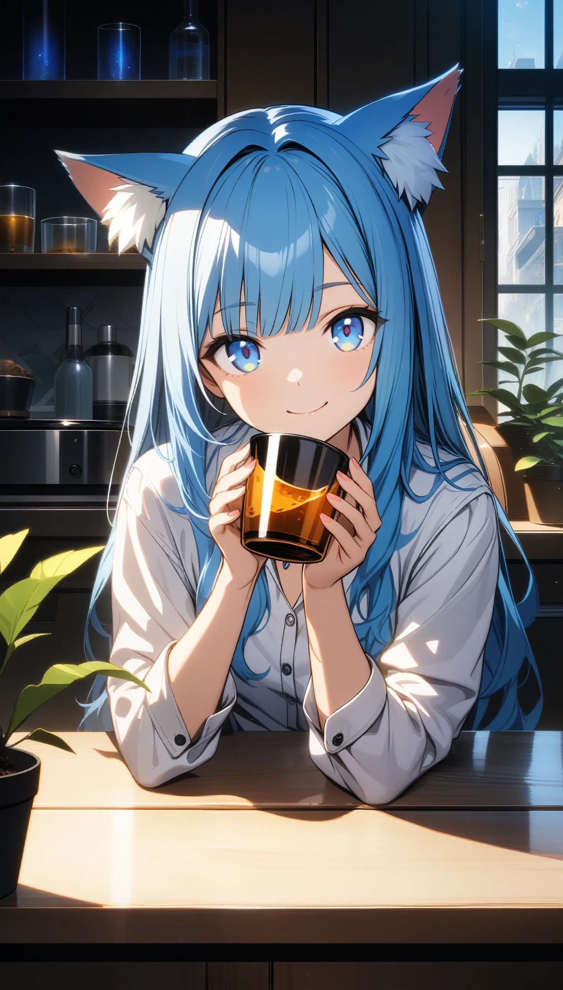 32k, best quality, ultra high res, HDR, UHD, extremely detailed CG, unity 32k wallpaper, 1girl, solo, long hair, looking at viewer, smile, bangs, blue eyes, shirt, long sleeves, holding, animal ears, closed mouth, blue hair, white shirt, multicolored hair, indoors, cat ears, cup, animal ear fluff, window, plant, holding cup, drinking glass, crystal, potted plant,