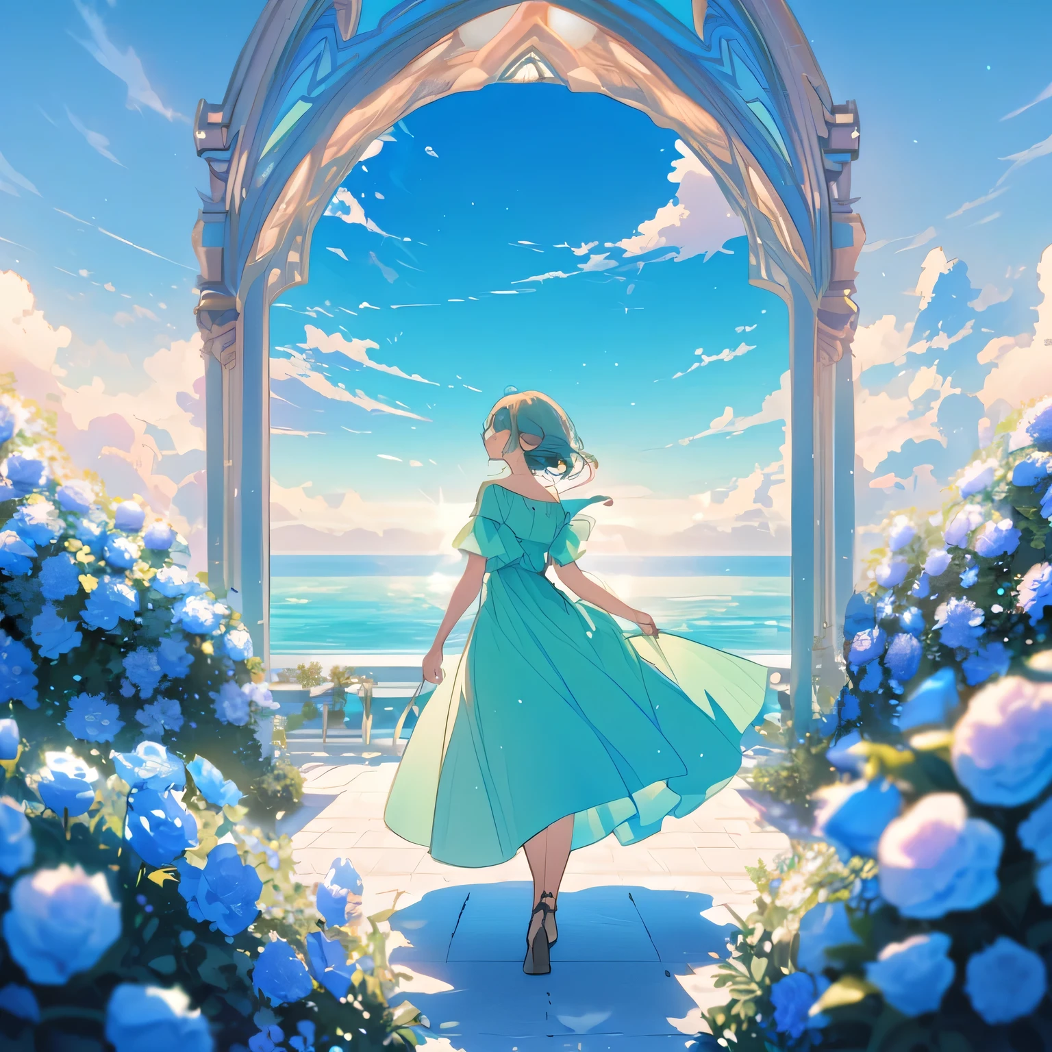 A lady wearing a pastel green dress looking at a pastel blue horizon with pastel blue field of flowers in the background