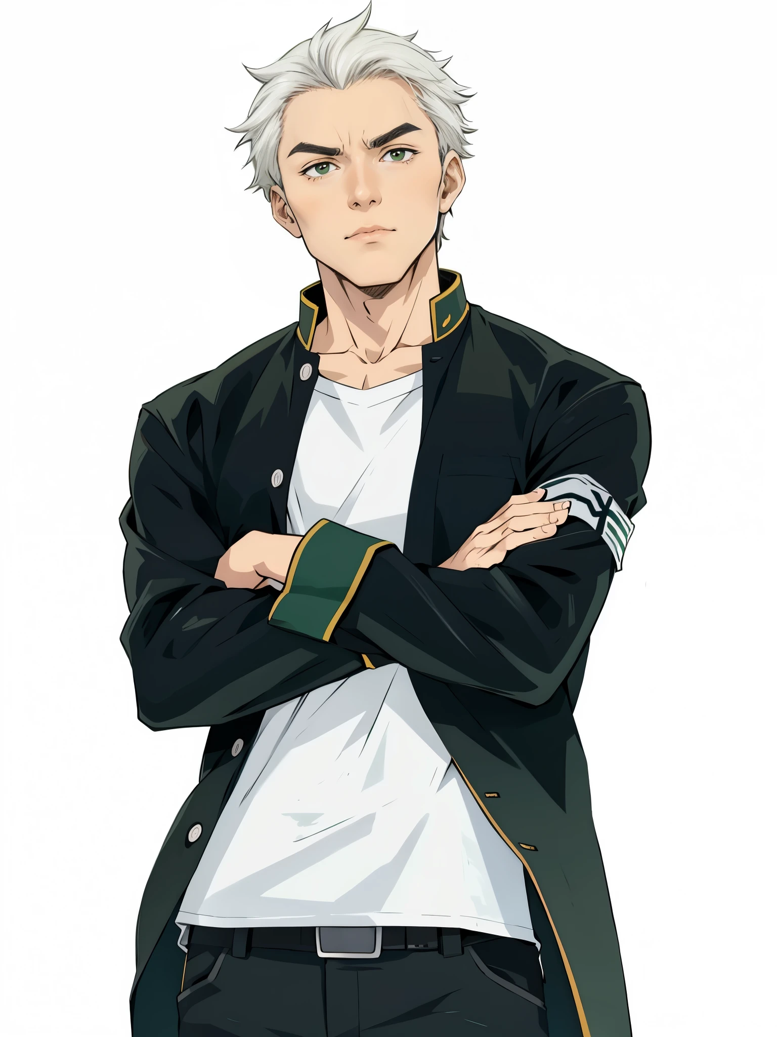 anime character with white hair and black pants and a black middle school japanese uniform with green lines, official anime still, crossed arms, official illustration, brown belt, white t-shirt, middle school japanese uniform, thick outlines, black drawing outlines, long jacket, green cuff with yellow linings, green collar with yellow linings, 3 gray stripe on sleeve, stripe on right sleeve