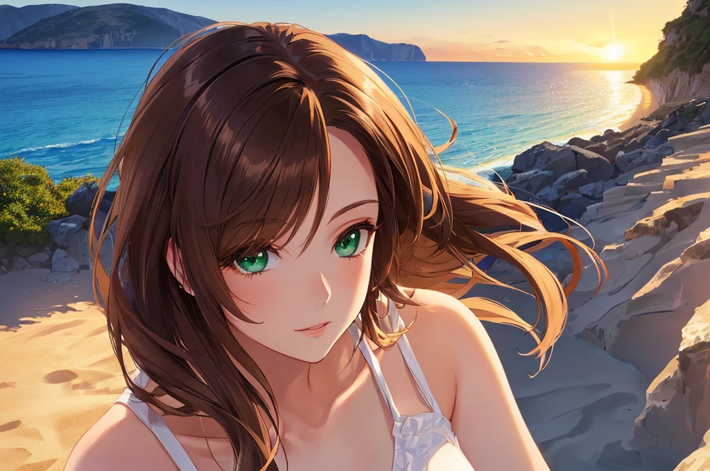 Woman in Greece portrait anime green eyes Nikon camera sunset hour realistic photography Beach House at Greek island animation realistic brown hair