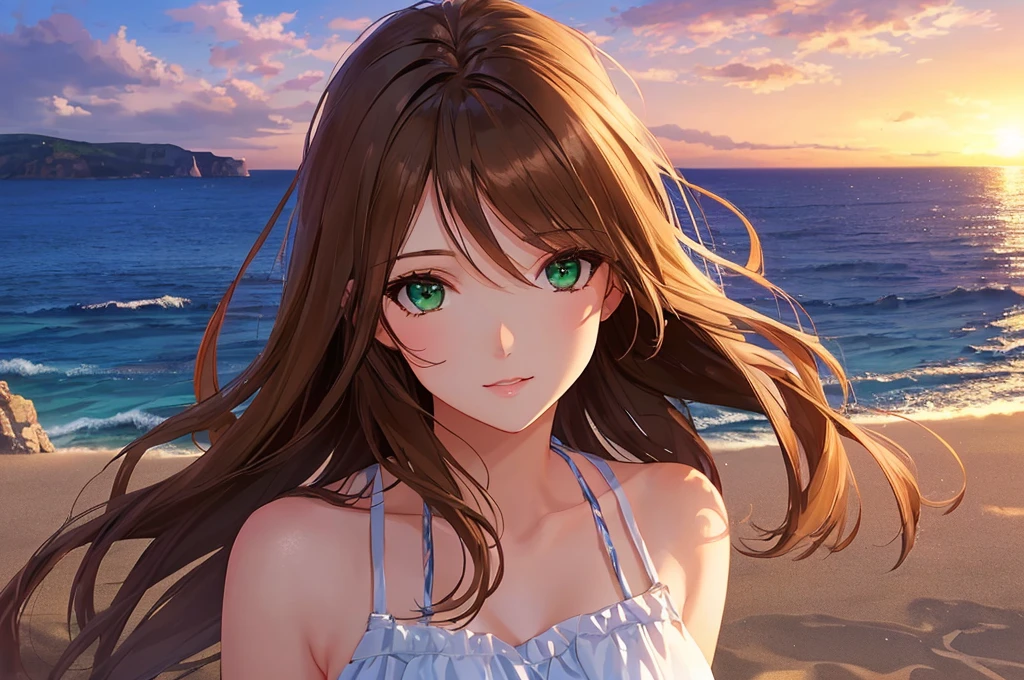Woman in Greece portrait anime green eyes Nikon camera sunset hour realistic photography Beach House at Greek island animation realistic brown hair