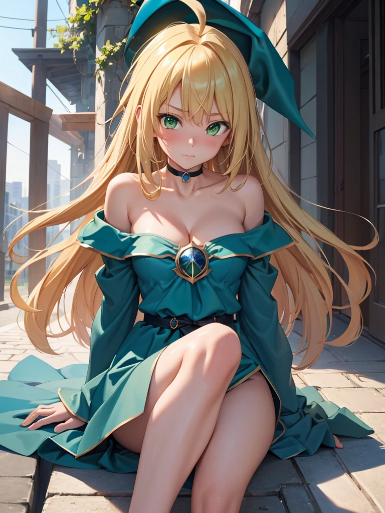 (masterpiece:1.2), highest quality, High resolution, unity 8k wallpaper, (figure:0.8), (Beautiful fine details:1.6), Highly detailed face, Perfect lighting, Highly detailed CG, (Perfect hands, Perfect Anatomy),Dark Magician Girl, Blonde Hair, choker, (Green Eyes:1.5), Long Hair,ahoge,
bare shoulders, Blue footwear, blush,, Cleavage, clavicle,Off the shoulder, Pentacles, wizard, (Blue clothes:1.5)、Spread your legs、
looking at viewer,outdoors, city,