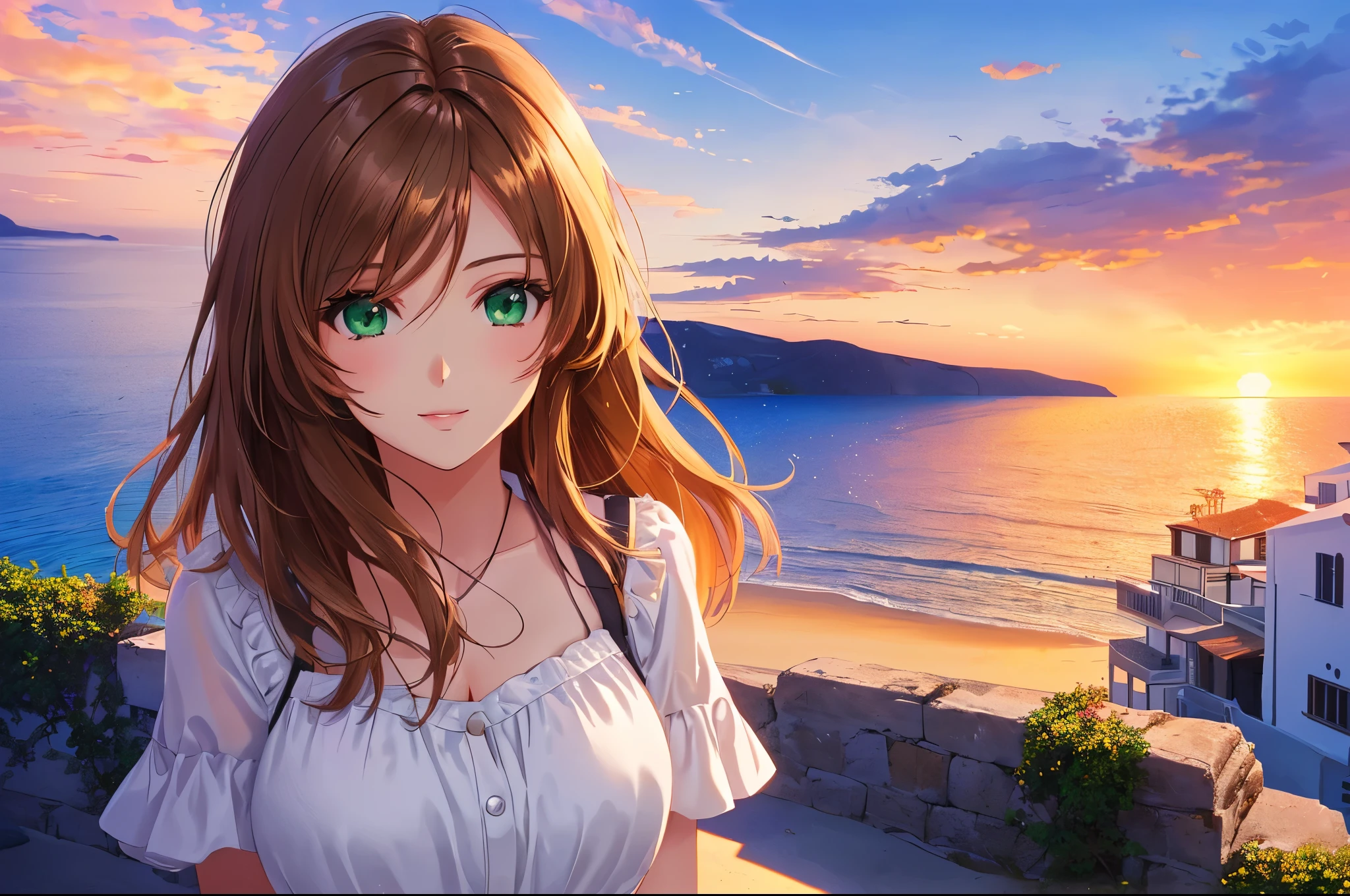 Woman in Greece portrait anime green eyes Nikon camera sunset hour realistic photography Beach House at Greek island animation realistic brown hair