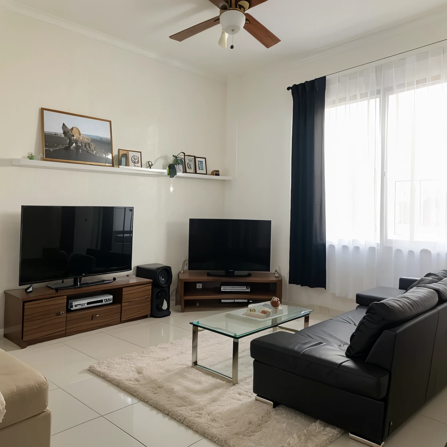 Sala de estar com paredes pretas, e outra parede cor de madeira ripada, detalhes pretos, black two seater sofa, tv 42', dois gatos brancos brincando, poltronas