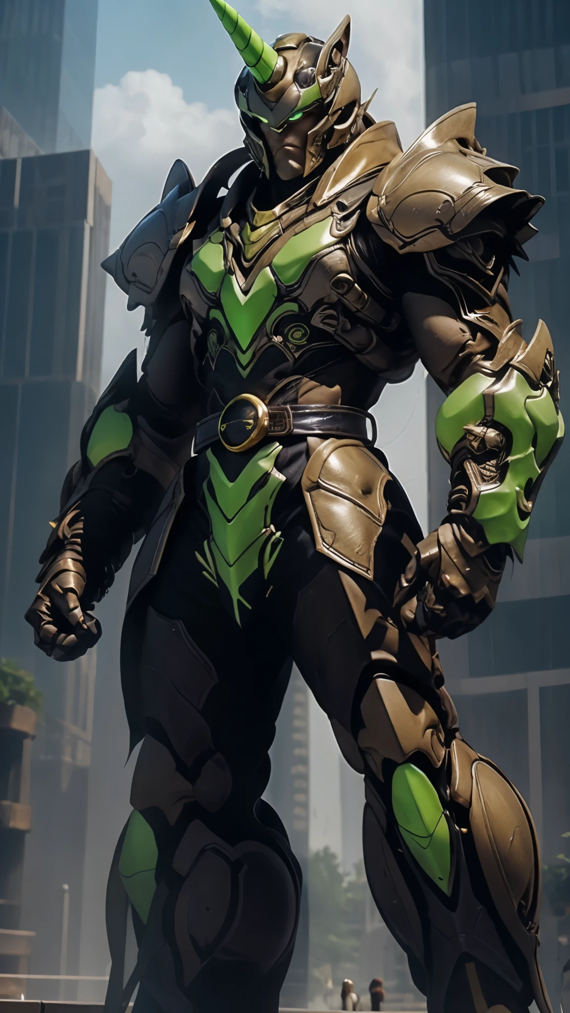 A man wearing a full-face helmet, a fantasy-style biotech armored combat suit, green eyes, (a composite layered chest armor), fully enclosed shoulder guards, matching arm and leg guards, the belt is adorned with Horseshoe-shaped marker, (the color scheme is primarily white with green accents), the design balances heavy with agility, a high-tech bio-mecha armor, (Armor Concept Inspired by Unicorn, stand on the top of a skyscraper in a futuristic sci-fi city), this character embodies a finely crafted fantasy-surreal style armored hero in anime style, exquisite and mature manga art style, (battle damage, element, plasma, energy, the armor glows), ((male:1.5)), metallic, real texture material, dramatic, high definition, best quality, highres, ultra-detailed, ultra-fine painting, extremely delicate, professional, perfect body proportions, golden ratio, anatomically correct, symmetrical face, extremely detailed eyes and face, high quality eyes, creativity, RAW photo, UHD, 32k, Natural light, cinematic lighting, masterpiece-anatomy-perfect, masterpiece:1.5