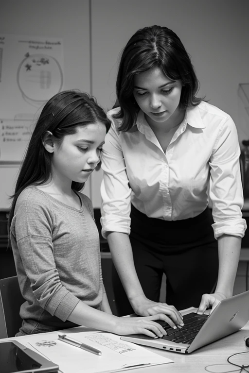 Generate an pencil sketch art of a teacher teaching a student on how to operate a laptop.