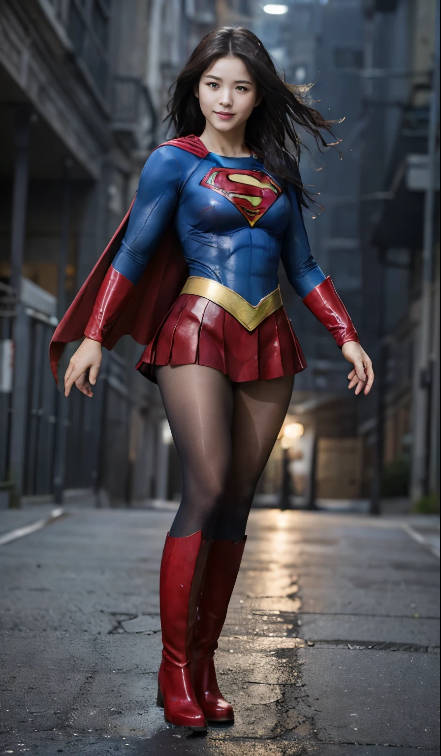 No background、(((Beautiful legs in black tights.)))、(((Legally express the beauty of your smile)))、((((Make the most of your original images)))、(((Supergirl Costume)))、(((Beautiful Hair)))、(((suffering)))、(((Please wear black tights....、Wear red boots)))、((Best image quality、8k))、((highest quality、8k、masterpiece:1.3))、(((Preserve background )))、Sharp focus:1.2、Beautiful woman with perfect figure:1.4、Slim Abs:1.2、Wet body:1.5、Highly detailed face and skin texture、8k