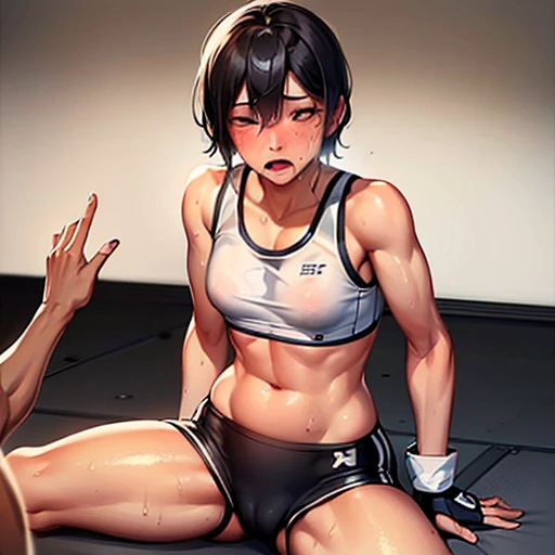 two persons. Drenched in sweat and covered in bruises, she is in a mixed martial arts ring against a female fighter. She is lying. Her opponent strong female fighter is punching her poor belly so hard. her one eye closed and mouth open, she is gasping for breath and drooling. She is a cute Japanese high school girl with short-cut black hair. She is wearing a sports bra, high-leg shorts, and open-finger gloves. Small breasts, poor belly, slender body, poor body.