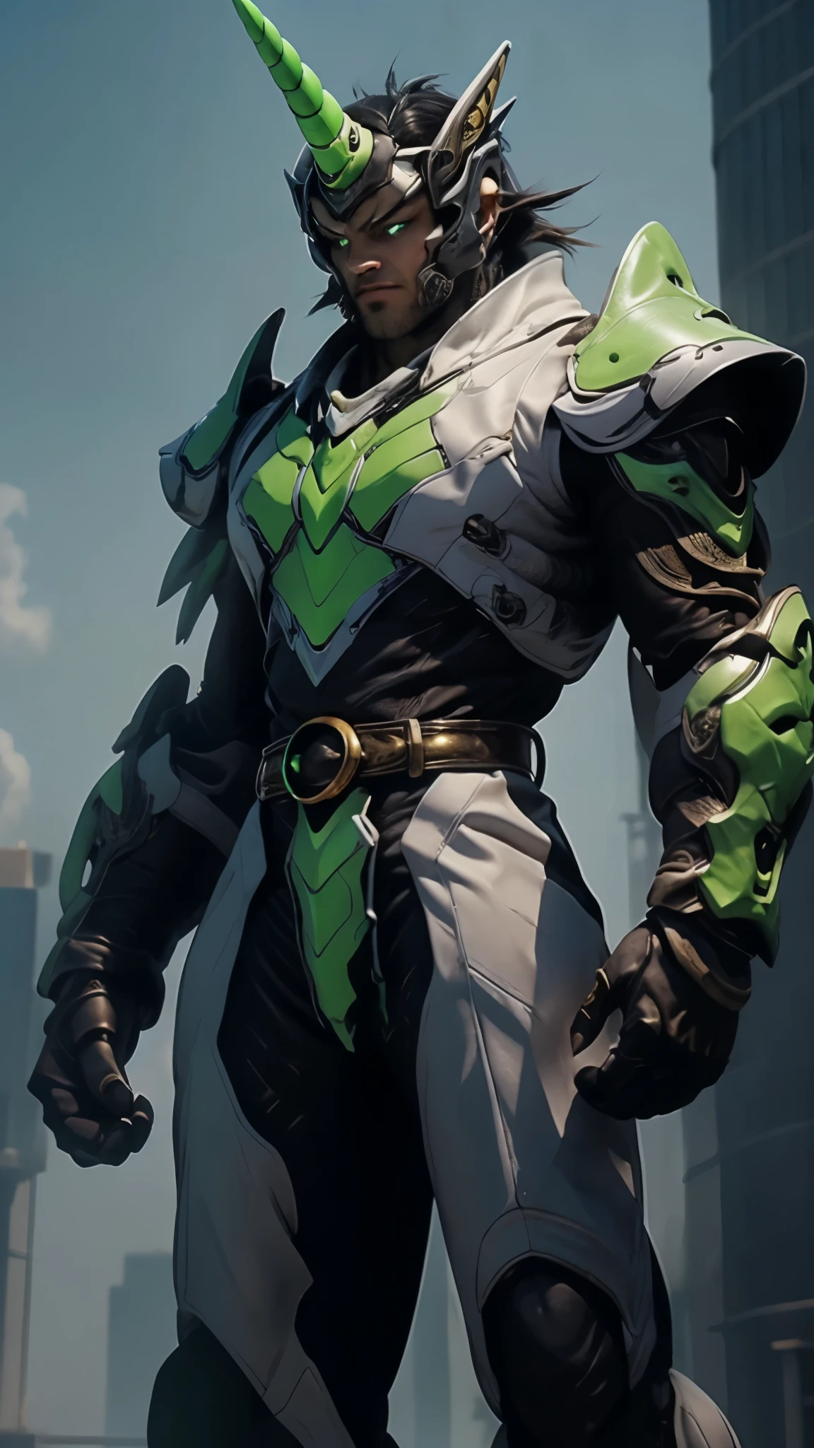 A man wearing a full-face helmet, a fantasy-style biotech armored combat suit, green eyes, (a composite layered chest armor), fully enclosed shoulder guards, matching arm and leg guards, the belt is adorned with Horseshoe-shaped marker, (the color scheme is primarily white with green accents), the design balances heavy with agility, a high-tech bio-mecha armor, (Armor Concept Inspired by Unicorn, stand on the top of a skyscraper in a futuristic sci-fi city), this character embodies a finely crafted fantasy-surreal style armored hero in anime style, exquisite and mature manga art style, (battle damage, element, plasma, energy, the armor glows), ((male:1.5)), metallic, real texture material, dramatic, high definition, best quality, highres, ultra-detailed, ultra-fine painting, extremely delicate, professional, perfect body proportions, golden ratio, anatomically correct, symmetrical face, extremely detailed eyes and face, high quality eyes, creativity, RAW photo, UHD, 32k, Natural light, cinematic lighting, masterpiece-anatomy-perfect, masterpiece:1.5