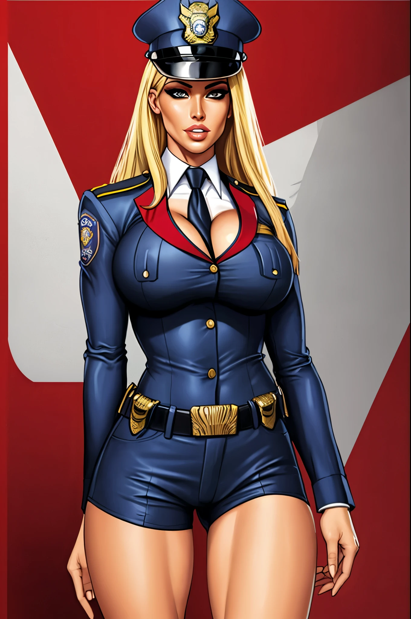 Busty cop, sexy uniform. realistic, hotpants, blonde