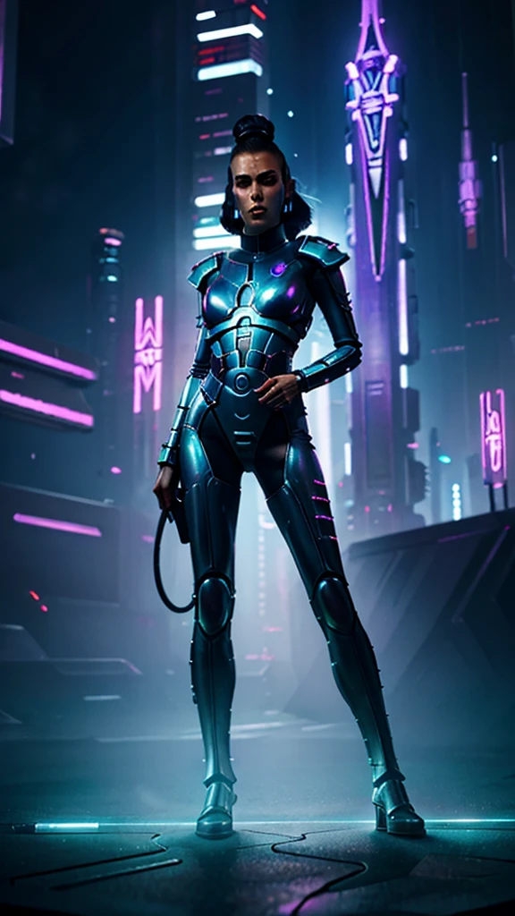 Futuristic aeldari wearing a sleek silver jumpsuit embedded with light-up circuitry, standing confidently with her hands on her hips in front of a cyberpunk cityscape, neon signs flickering, holograms floating by, dusk sky overhead, urban and high-tech, digital painting, ultra clear, 8k, cinematic.
