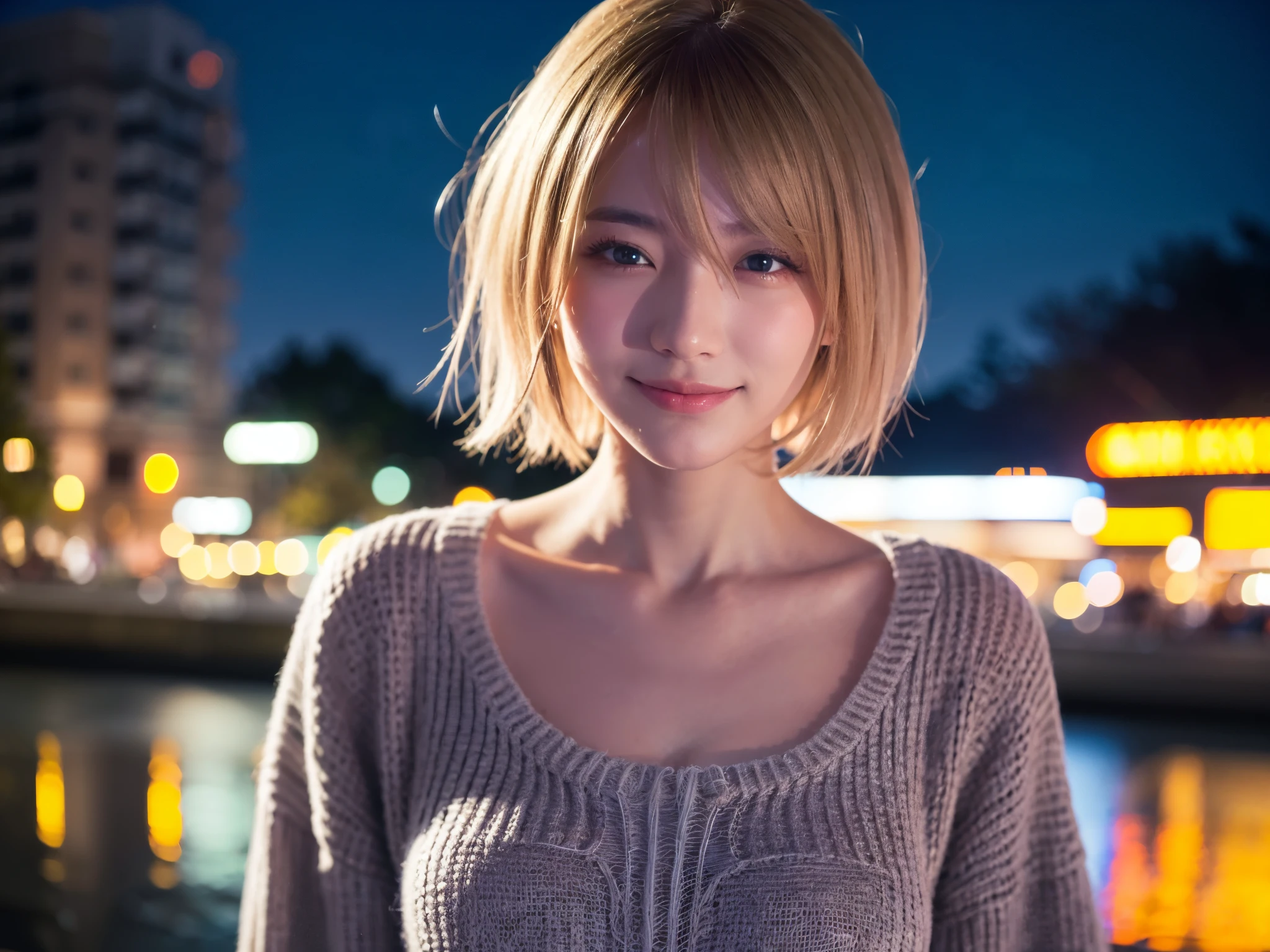 Japanese girl in casual clothes、Observe the audience、Tokyo cityscape at night、(highest quality、masterpiece)))、HD Fine、Very detailed、masterpiece、Cinema Lighting、(8k、highest quality、masterpiece:1.2)、(Realistic、Realistic:1.37) High resolution、Very detailed、Woman wearing glasses、A look of silence、Round Glasses、Asian, cute, cute顔, alone,Blonde Short Hair 1.2, Textured skin, Beautiful smile, Beautifully detailed night sky, Night view, Cinema Lighting, Written boundary depth, Lens flare light、date、(Blushing your nose)、、(Mouth closed)Small breasts、A beautiful eye for detail、(sweater:1.1)、(Blonde Short Hair:1.2)、Floating Hair Nova Frog Style、