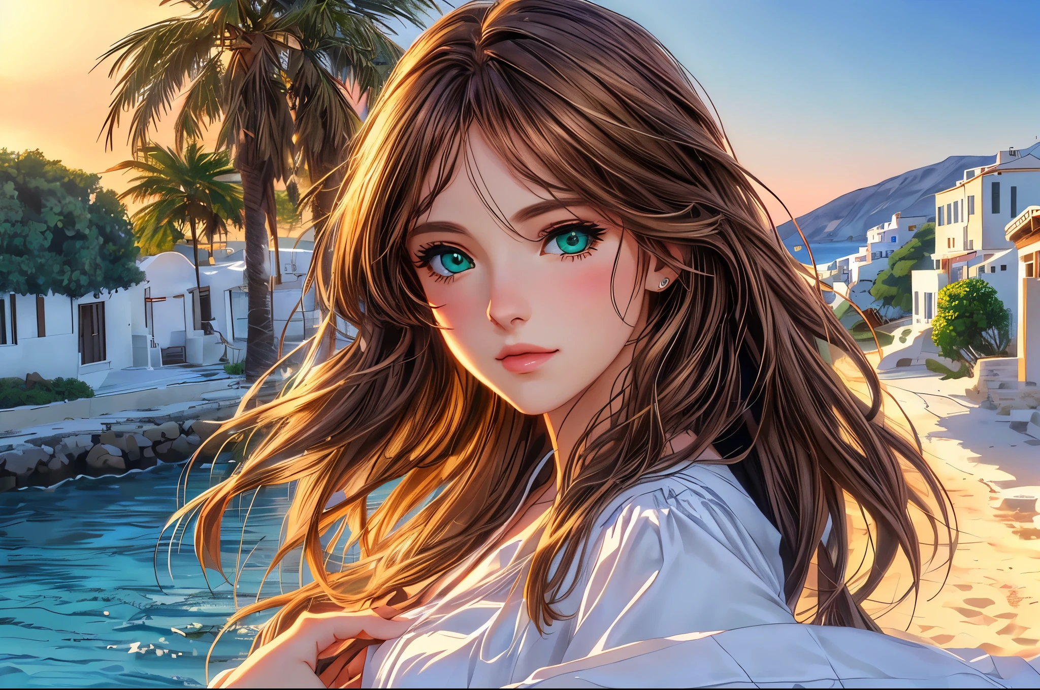 Woman in Greece portrait anime green eyes Nikon camera sunset hour realistic photography Beach House at Greek island animation realistic brown hair