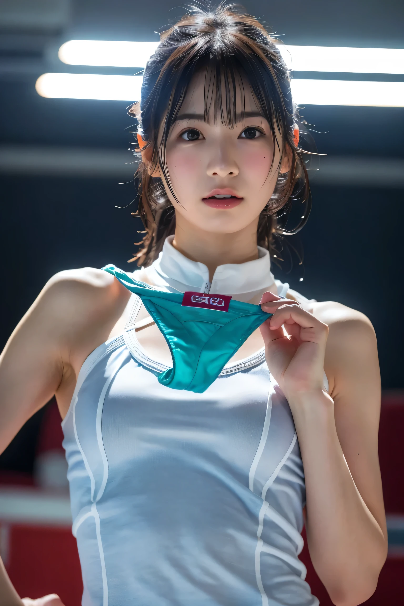 (8k, RAW Photos,highest quality, High resolution:1.1), (Super realistic:1.4),(Realistic, Realistic:1.3),Japanese beauty、((Upper Body:1.3))、Gymnastics Team - flexible leotards and grips,Holding panties , (Panties as a gift),(Detailed light green silk panties:1.1),Focus Panties,(Blushing:1.3),(Panty stains),