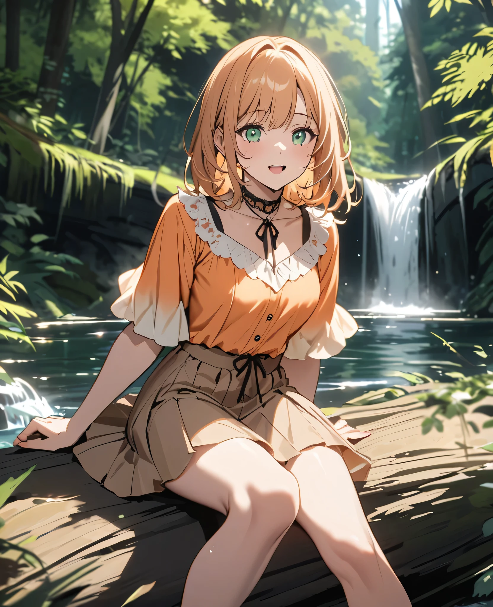 A beautiful lady wearing a pastel orange blouse and skirt sitting on a forest near a running falls 