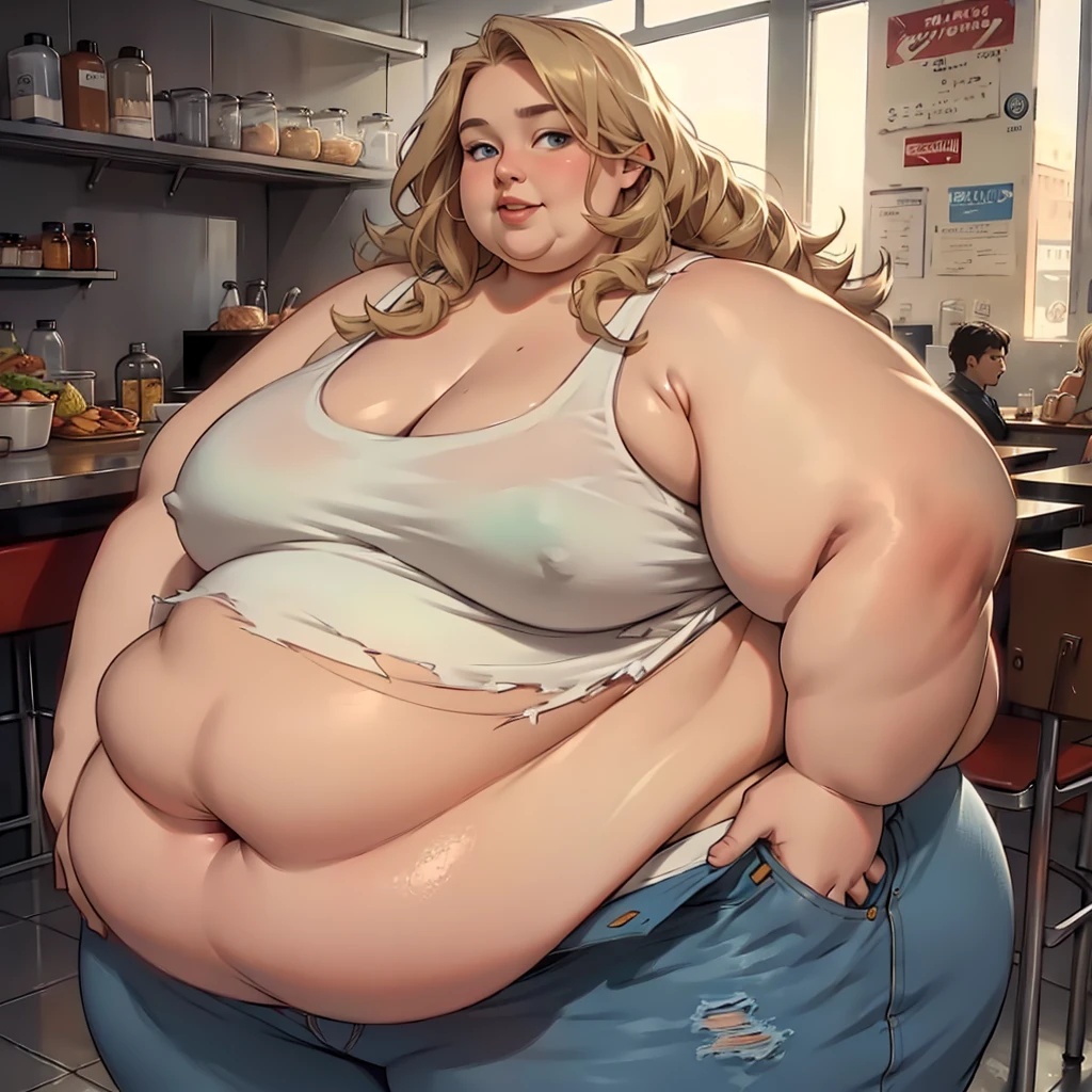 masterpiece, best quality, absurdres, detailed, (hyper realistic:1.7), beautiful young woman, USSBBW, (morbidly obese:1.6), (realistic detailed face), gigantic belly, huge lips, unzipped hot pants, (ripped) tanktop, long wavy blonde hair, blue eyes, holding a huge burger, burger joint, small smile, wide eyes, eager