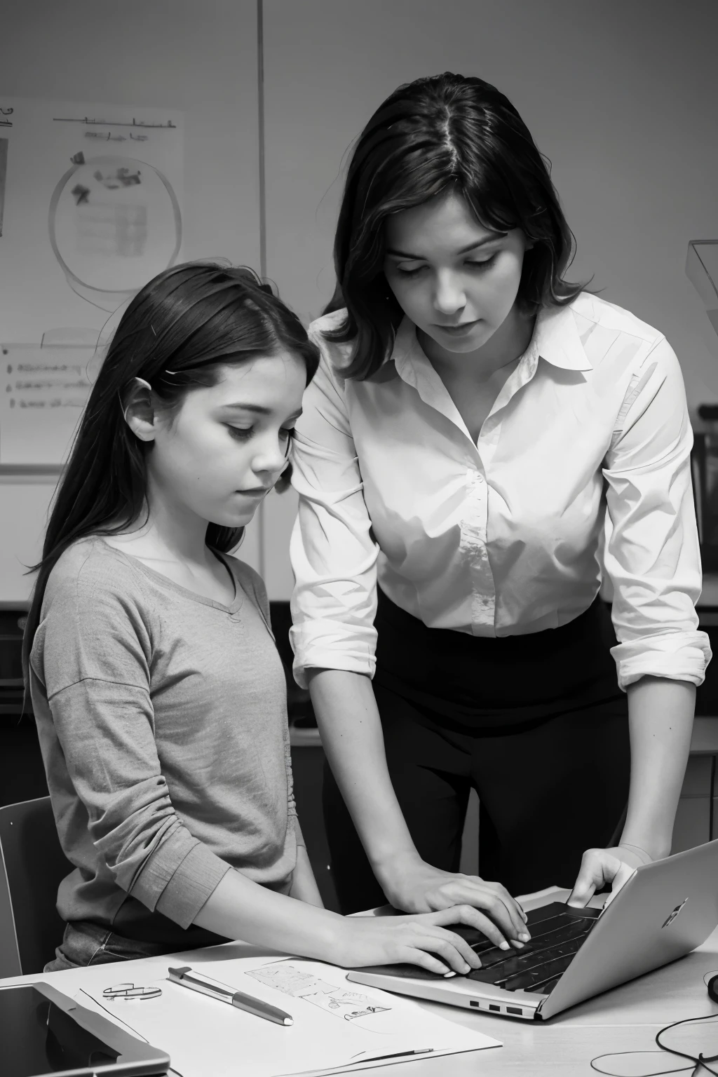 Generate an pencil sketch art of a teacher teaching a student on how to operate a laptop.