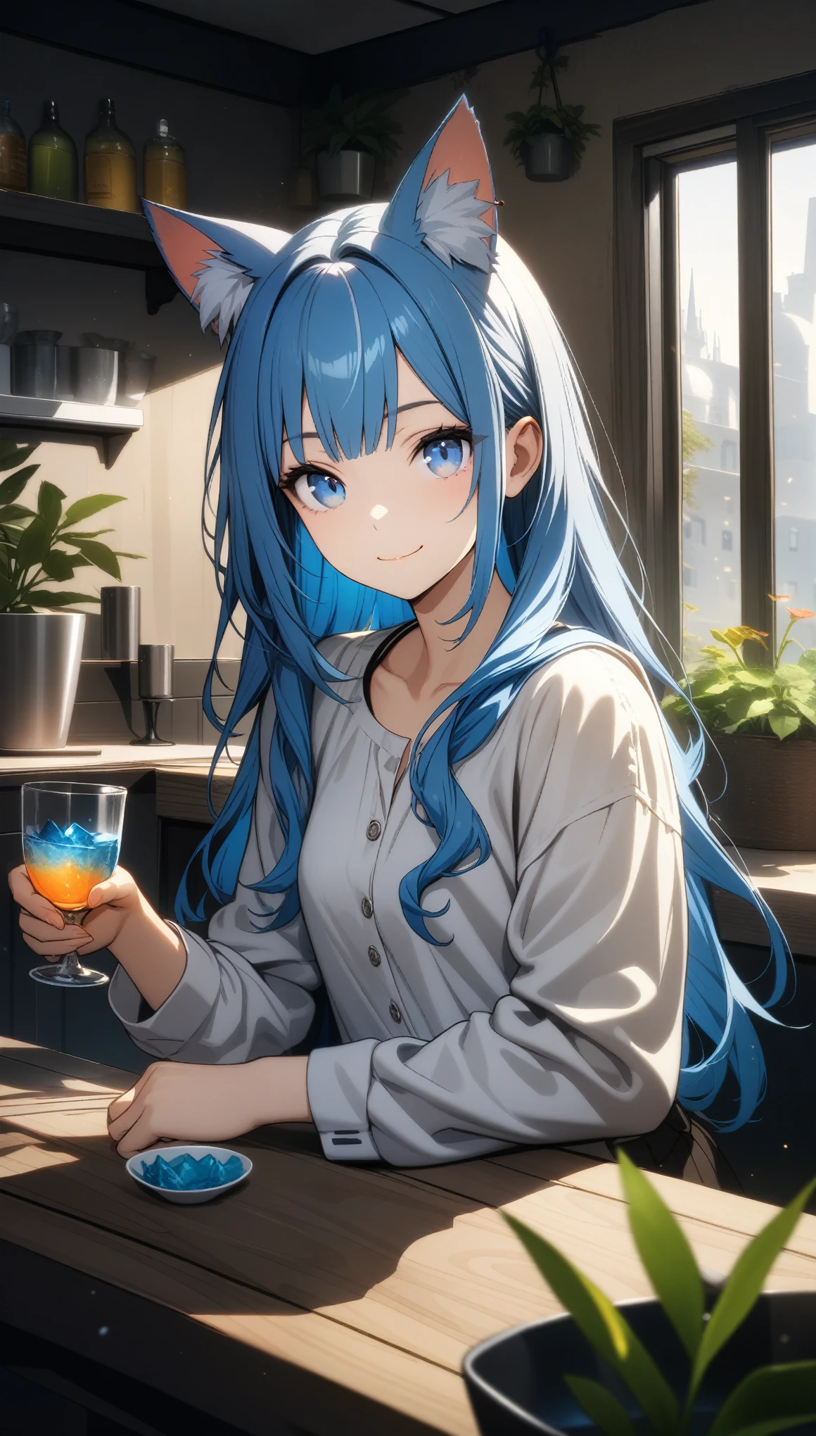 32k, best quality, ultra high res, HDR, UHD, extremely detailed CG, unity 32k wallpaper, 1girl, solo, long hair, looking at viewer, smile, bangs, blue eyes, shirt, long sleeves, holding, animal ears, closed mouth, blue hair, white shirt, multicolored hair, indoors, cat ears, cup, animal ear fluff, window, plant, holding cup, drinking glass, crystal, potted plant,