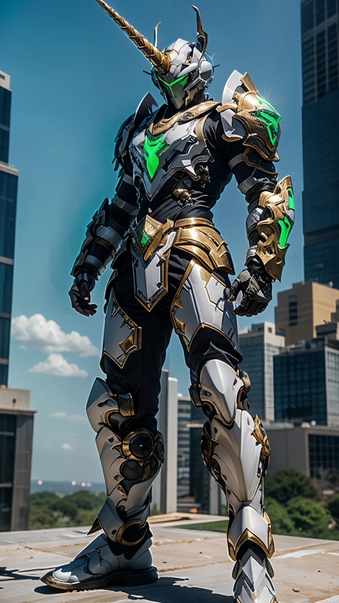 A man wearing a full-face helmet, a fantasy-style biotech armored combat suit, green eyes, (a composite layered chest armor), fully enclosed shoulder guards, matching arm and leg guards, the belt is adorned with Horseshoe-shaped marker, (the color scheme is primarily white with green accents), the design balances heavy with agility, a high-tech bio-mecha armor, (Armor Concept Inspired by Unicorn, stand on the top of a skyscraper in a futuristic sci-fi city), this character embodies a finely crafted fantasy-surreal style armored hero in anime style, exquisite and mature manga art style, (battle damage, element, plasma, energy, the armor glows), ((male:1.5)), metallic, real texture material, dramatic, high definition, best quality, highres, ultra-detailed, ultra-fine painting, extremely delicate, professional, perfect body proportions, golden ratio, anatomically correct, symmetrical face, extremely detailed eyes and face, high quality eyes, creativity, RAW photo, UHD, 32k, Natural light, cinematic lighting, masterpiece-anatomy-perfect, masterpiece:1.5