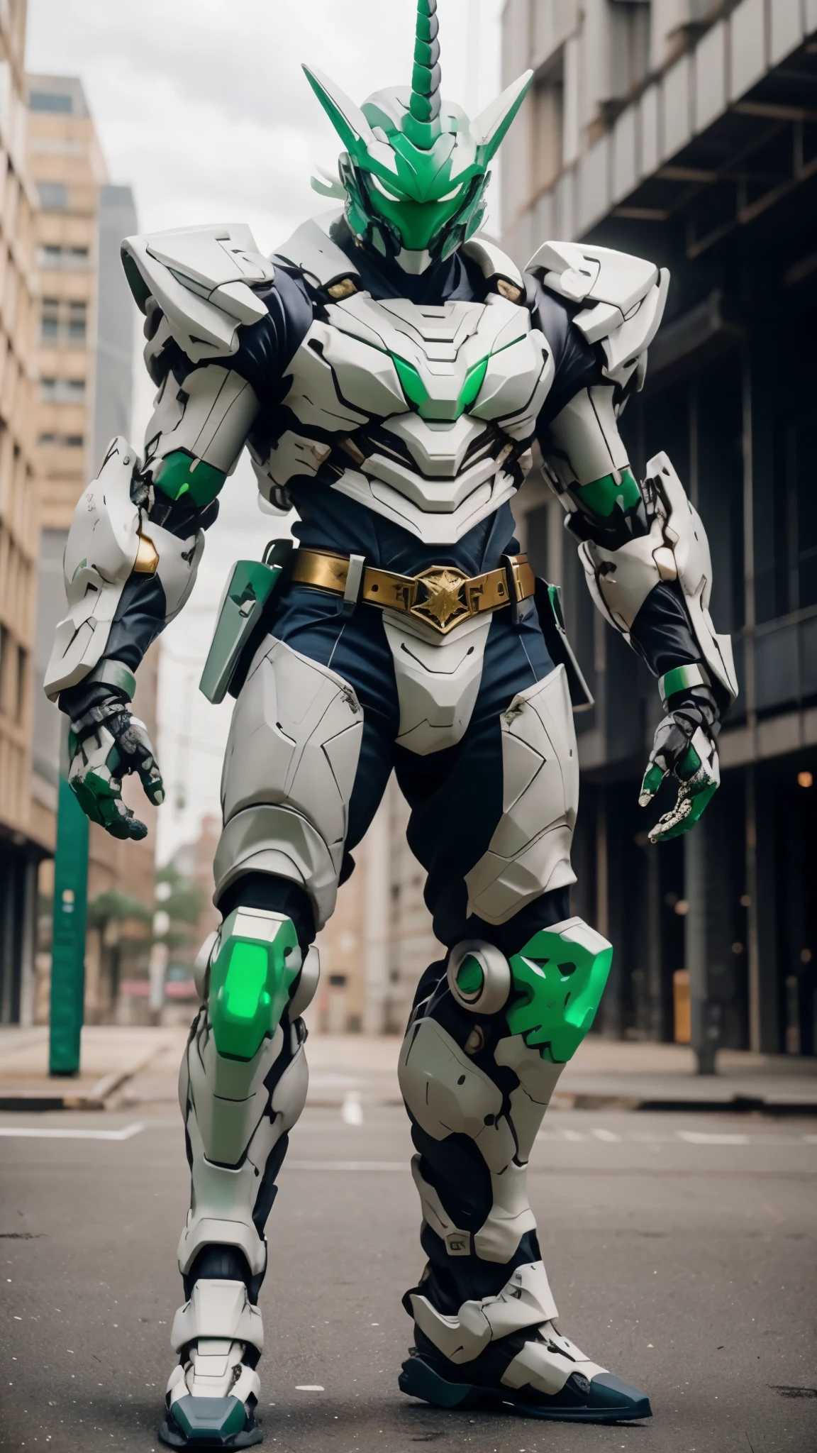 A man wearing a full-face helmet, a fantasy-style biotech armored combat suit, green eyes, (a composite layered chest armor), fully enclosed shoulder guards, matching arm and leg guards, the belt is adorned with Horseshoe-shaped marker, (the color scheme is primarily white with green accents), the design balances heavy with agility, a high-tech bio-mecha armor, (Armor Concept Inspired by Unicorn, stand on the top of a skyscraper in a futuristic sci-fi city), this character embodies a finely crafted fantasy-surreal style armored hero in anime style, exquisite and mature manga art style, (battle damage, element, plasma, energy, the armor glows), ((male:1.5)), metallic, real texture material, dramatic, high definition, best quality, highres, ultra-detailed, ultra-fine painting, extremely delicate, professional, perfect body proportions, golden ratio, anatomically correct, symmetrical face, extremely detailed eyes and face, high quality eyes, creativity, RAW photo, UHD, 32k, Natural light, cinematic lighting, masterpiece-anatomy-perfect, masterpiece:1.5