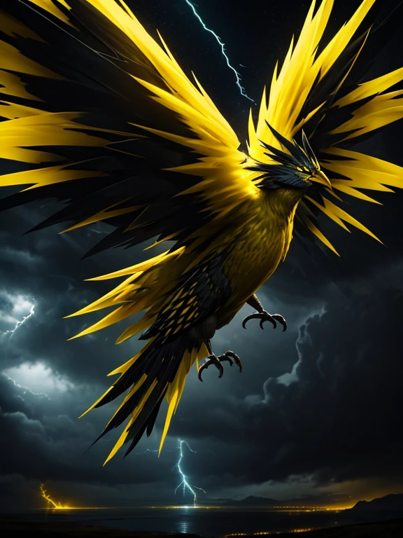 a giant electric monster bird, glowing yellow feathers, black feathers, six feathered wings, long feathered tail, flying in a stormy night sky, yellow lightning and thunder, dramatic lighting, epic fantasy, dramatic colors, dramatic composition, dramatic atmosphere, fantasy art