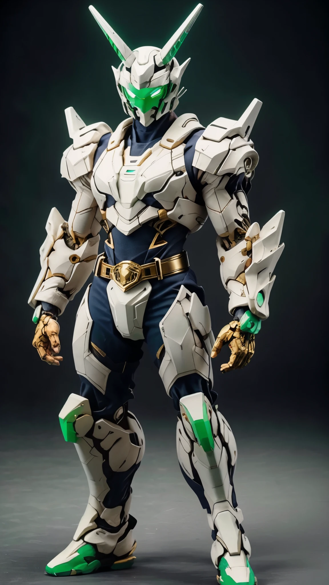 A man wearing a full-face helmet, a fantasy-style biotech armored combat suit, green eyes, (a composite layered chest armor), fully enclosed shoulder guards, matching arm and leg guards, the belt is adorned with Horseshoe-shaped marker, (the color scheme is primarily white with green accents), the design balances heavy with agility, a high-tech bio-mecha armor, (Armor Concept Inspired by Unicorn, stand on the top of a skyscraper in a futuristic sci-fi city), this character embodies a finely crafted fantasy-surreal style armored hero in anime style, exquisite and mature manga art style, (battle damage, element, plasma, energy, the armor glows), ((male:1.5)), metallic, real texture material, dramatic, high definition, best quality, highres, ultra-detailed, ultra-fine painting, extremely delicate, professional, perfect body proportions, golden ratio, anatomically correct, symmetrical face, extremely detailed eyes and face, high quality eyes, creativity, RAW photo, UHD, 32k, Natural light, cinematic lighting, masterpiece-anatomy-perfect, masterpiece:1.5