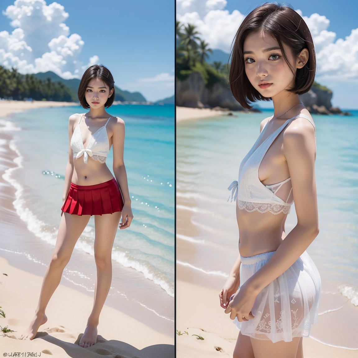 lens: 135mm f1.8, (highest quality),(RAW Photos), Ocean、standing:1.1),14 years old、short hair, (Beautiful woman), Cute Face, (Deeply chiseled face:1.4), (freckles:0.4), dappled sunlight, Dramatic lighting, (beach), (White cloud), shy, (Full body portrait:1.2), (expressionless),, (Sparkling eyes)、(sunlight)、(China dress、belly button、Red mini skirt:1.4、)、( ),(Gaunt, Skinny, flat chest,)(((Gaunt, Skinny, flat chest, ,))),((from side, multiple views,))