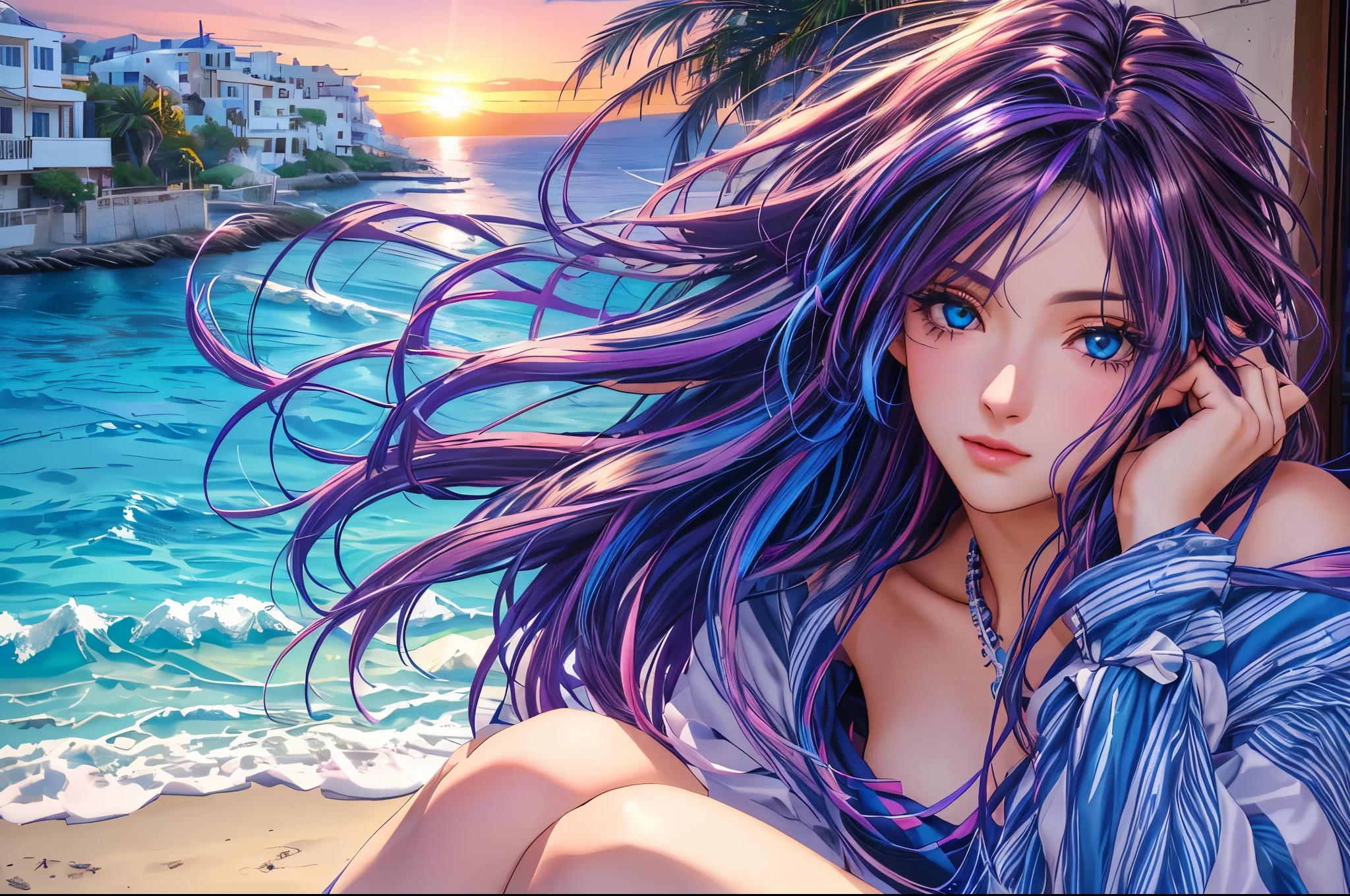Woman in Greece portrait anime dark blue hair streaked pink purple hair blue eyes Nikon camera sunset hour realistic photography Beach House at Greek island animation realistic brown hair