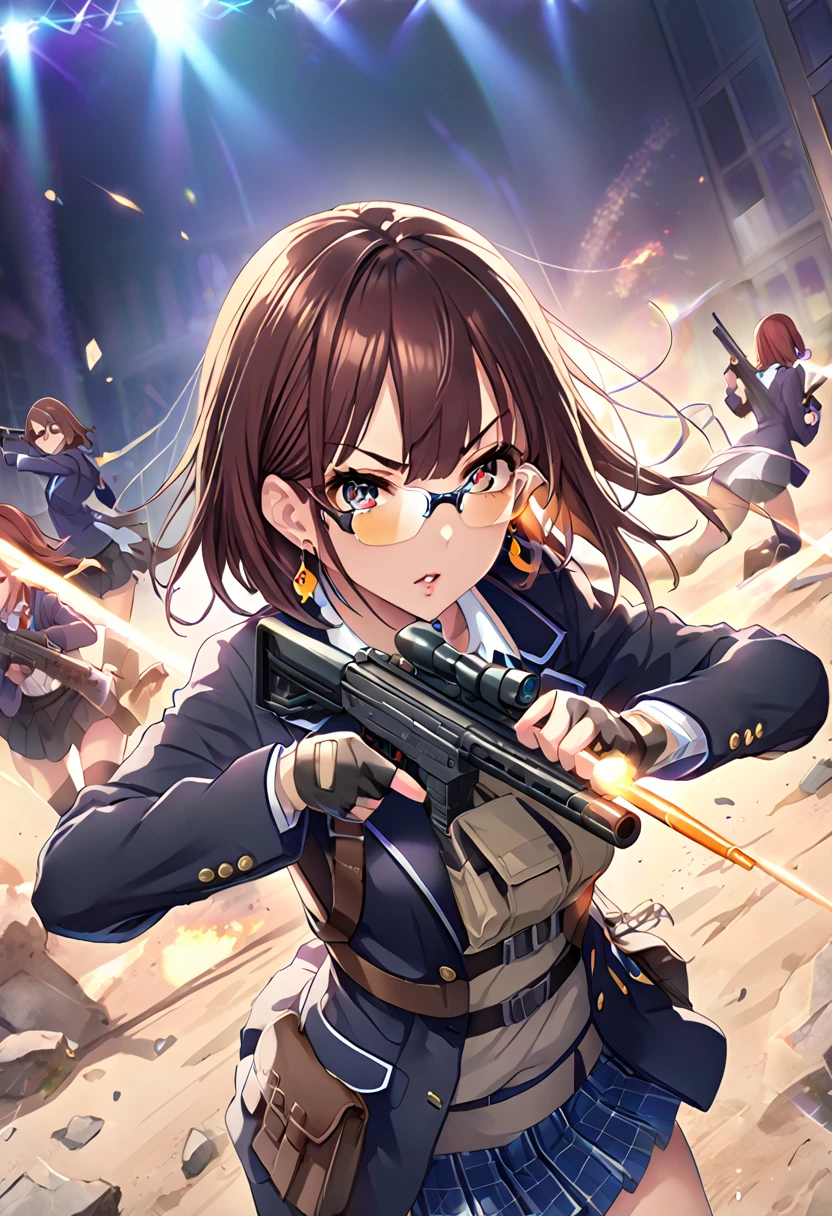 masterpiece、highest quality、Ultra-high resolution、Maximum resolution、Very detailed、Professional Lighting、anime、woman、thin、so beautiful、high school girl、blazer、Has a submachine gun、Mischievous、Reddish brown hair、Short Hair、Earrings、Fingerless Gloves、Beautiful eyes、Gloss Lip、Tactical Boots、Equipped with transparent orange shooting glasses、Equipped with a chest rig、Alone on the battlefield、Aggressive pose、