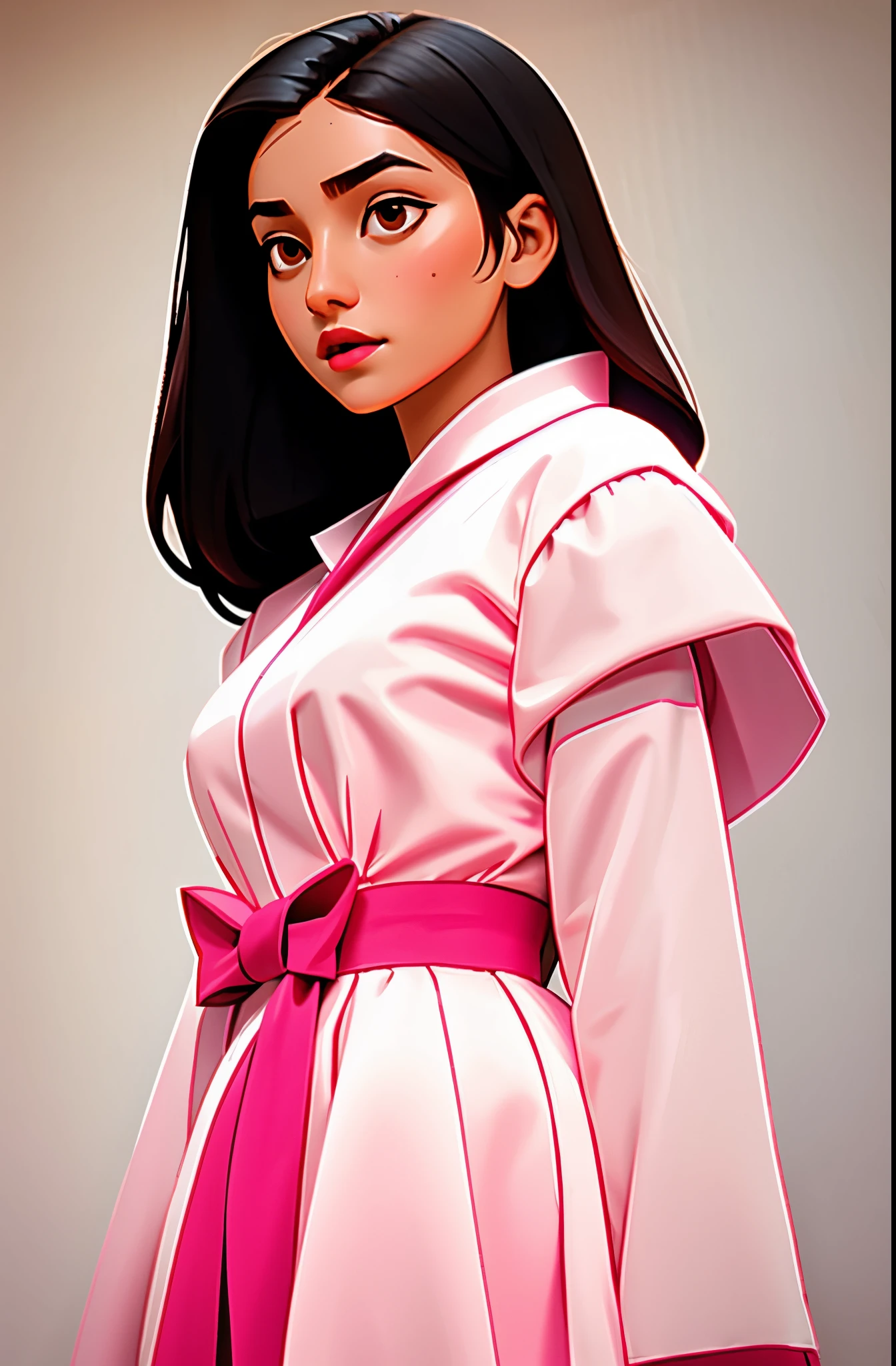Girl, long black hair, brown eyes, soft sharp features, white skin, pink lips, dress with sleeves