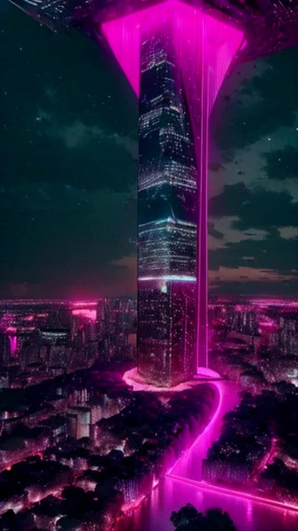 (A city with various skycrapers), ultra beautiful modern metropolis , cyberpunk, vinrant colors, techno fantasy architecture, night sky with stars 4k, uhd, photorealistic:1.4, masterpiece , futuristic buildings, fuchsia and white, (cosmos themed)