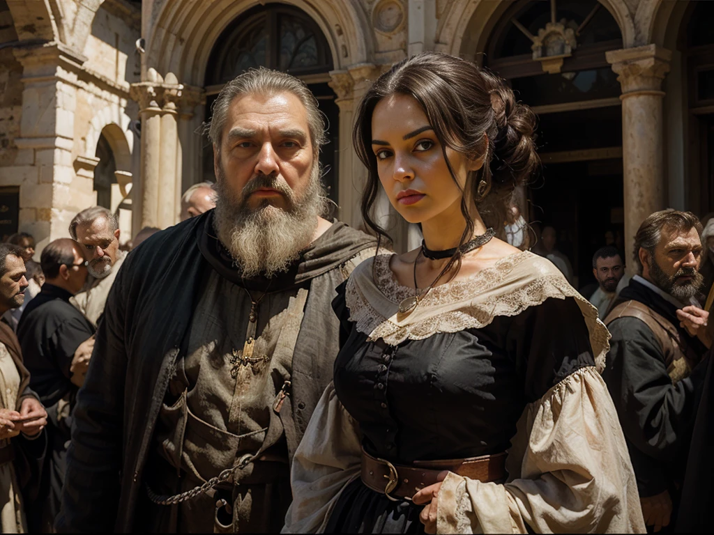 masterpiece, oil painting of middlesized granny as a peasant woman, 8K, 1granny, 2men, big head, short neck, wrinkles on face, detailed face, ((face of granny)), face of granny, detailed eyes, big eyes, ((full lips)), ((black)), ((black hair)), Haaransatz, ponytail, sehr detailliert, sichtbare Taille, large breasts, voll bekleidet, Mittelalter, wide shot, ((one woman is standing leashed between two tall bearded men)), (full body), full body, full lips, soft skin, (poor wooly dress), dreamy look, people in background, (detailed background with elements of a medieval marketplace), oil painting, american shot, in sassi_di_matera, in Matera ancient Italian town landscape.