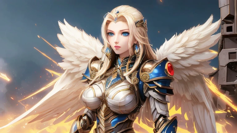 masterpiece, best quality, rich and colorful, , (Pinky skin:1.2), Big breasts, Mecha, armor, girl,Mechanical_Body, high resolution, blond hair, Very long hair, garlic, , Solitary, blue eyes, White coat, Soft fabric waist extension, Blue Energy, destroy, Quantum Energy, Mechanical wings