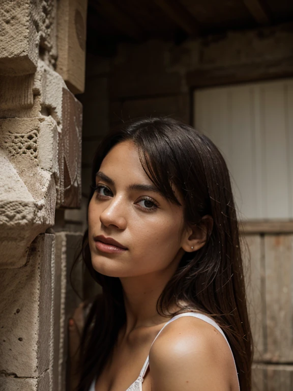 Photo d'a young girl standing in a dimly lit room, portant une longue robe en velours noir à manches longues, un collier ras du cou tendance, and platform boots. A close-up photo of dark red lipstick, Smoked eyeshadow, et des faux cils spectaculaires.