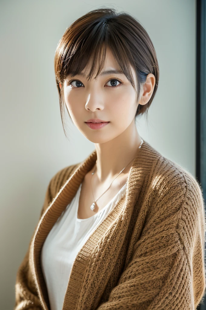 ((maSutepiece,highest quality)), (photographrealiStic:1.4),((maSutepiece,8k))、White wall、(White Room)、((Full body photo))、Shot in natural light、Highly detailed face and Skin texture、highly detailed lipS、correct State of the human body、Super high reSolution、(Photorealistic:1.4)、highest quality, 1. Beautiful Women, 38 yearS old, S, 150mm lenS、Bedroom、(Dark brown medium Shorthair)、JapaneSe woman、(Dark brown hair)、VerSatile poSeS、Looking into the camera、Natural color lip、Winter clotheS、 necklace、indoor