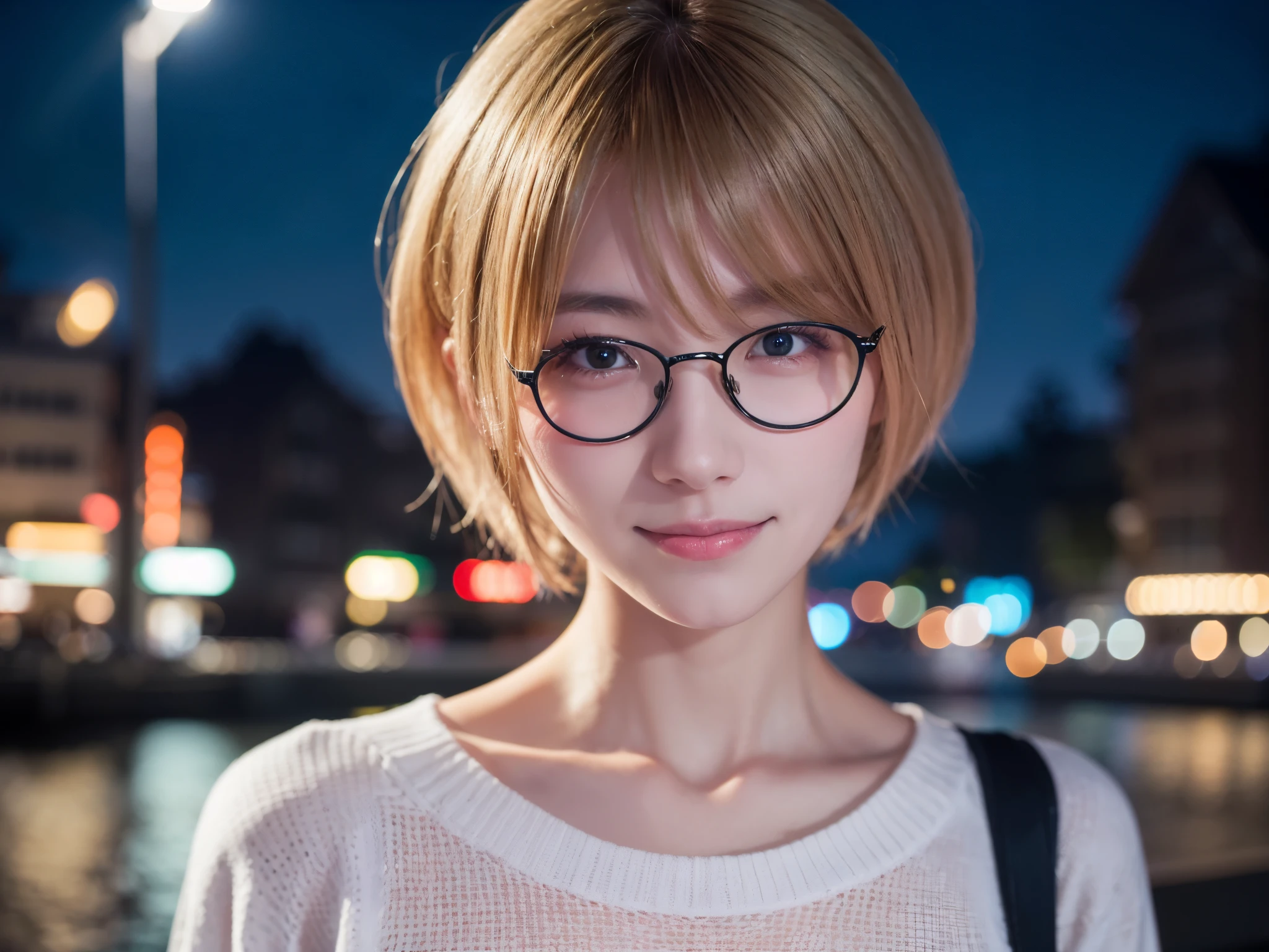 Japanese girl in casual clothes、Observe the audience、Tokyo cityscape at night、(highest quality、masterpiece)))、HD Fine、Very detailed、masterpiece、Cinema Lighting、(8k、highest quality、masterpiece:1.2)、(Realistic、Realistic:1.37) High resolution、Very detailed、Woman wearing glasses、A look of silence、Round Glasses、Asian, cute, cute顔, alone,Blonde Short Hair 1.2, Textured skin, Beautiful smile, Beautifully detailed night sky, Night view, Cinema Lighting, Written boundary depth, Lens flare light、date、(Blushing your nose)、、(Mouth closed)Small breasts、A beautiful eye for detail、(sweater:1.1)、(Blonde Short Hair:1.2)、Floating Hair Nova Frog Style、