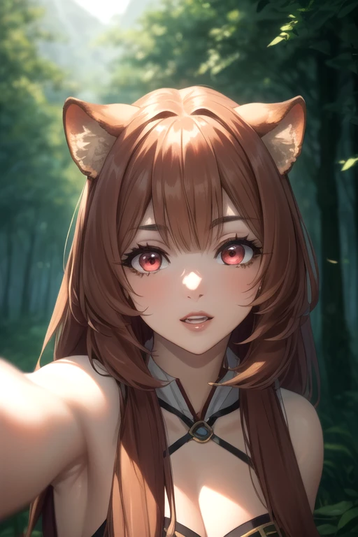 Masterpiece, best quality, 8K Wallpaper, HDR, octane rendering. Raphtalia, attractive 18 year old girl, brown hair, fair skin. raccoon ears, wearing adventurer outfit, fantasy style, forest background, selfie. (Beautiful and detailed face with perfect symmetry), (Beautiful and detailed red eyes: 1.3), (bright lips, slender smile), (body with perfect anatomy, perfect natural texture, high details, glowing skin), cinematic lighting, vivid colors , detailed illustration, depth of field.