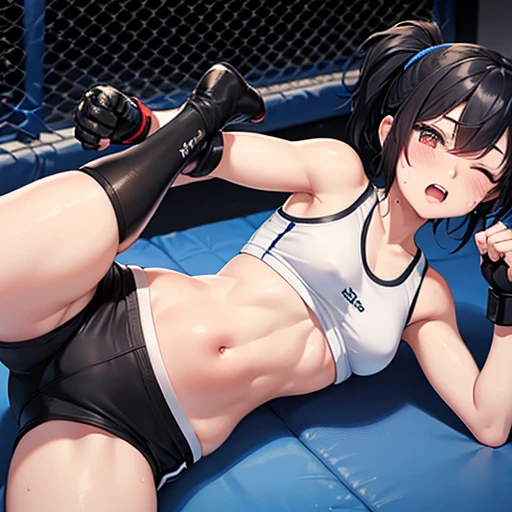 two persons. She is a cute Japanese high school girl with short-cut black hair. She is wearing a sports bra, high-leg shorts, and open-finger gloves. Small breasts, poor belly, slender body, poor body. Drenched in sweat and covered in bruises, she is in a mixed martial arts ring against a female fighter. She is lying. Her opponent strong female fighter is punching her poor belly so hard. her one eye closed and mouth open, she is gasping for breath and drooling.