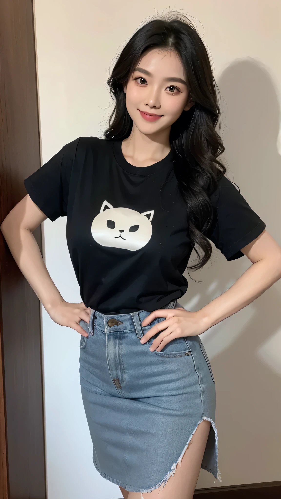 A girl of mixed Chinese and Korean descent smiling with delicate makeup, big eyes and double eyelids, young and beautiful, with natural curly grey hair, wearing a black long hip skirt and tight T-shirt in a fitting room with natural lighting and realistic background