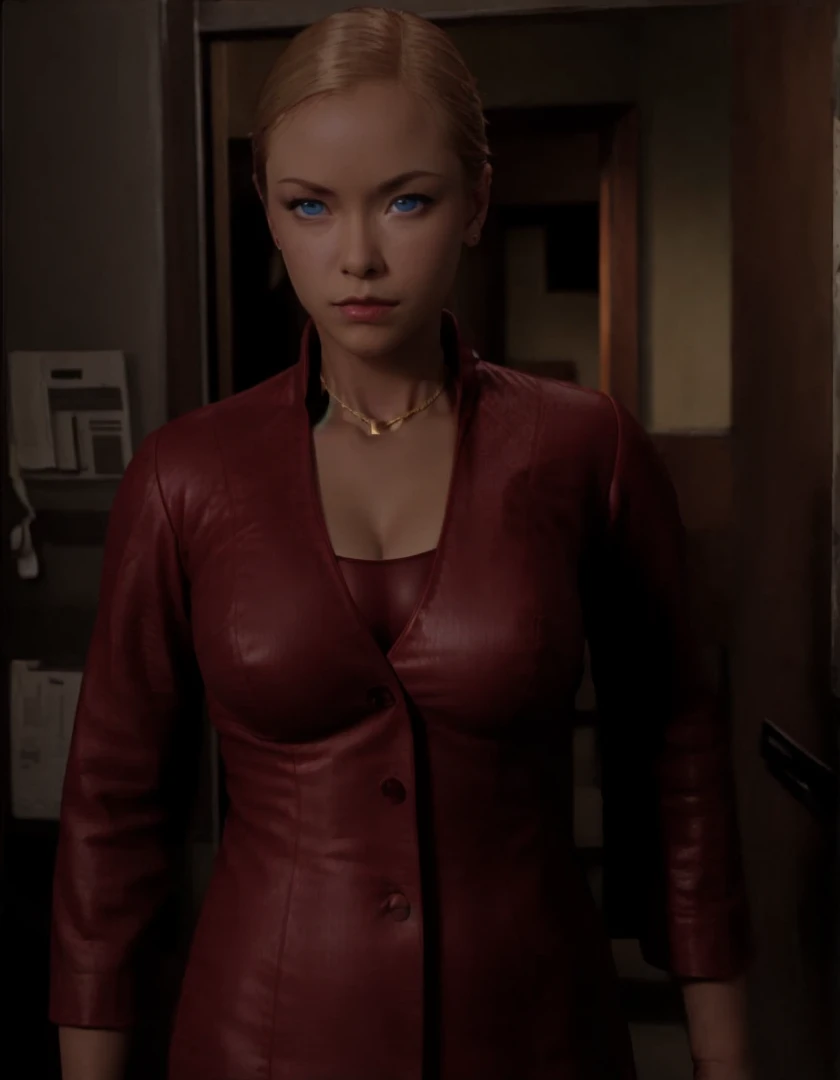 T3RMKL0K, blue eyed, medium to large breast size, perked cleavage, cleavage, red outfit, gold necklace