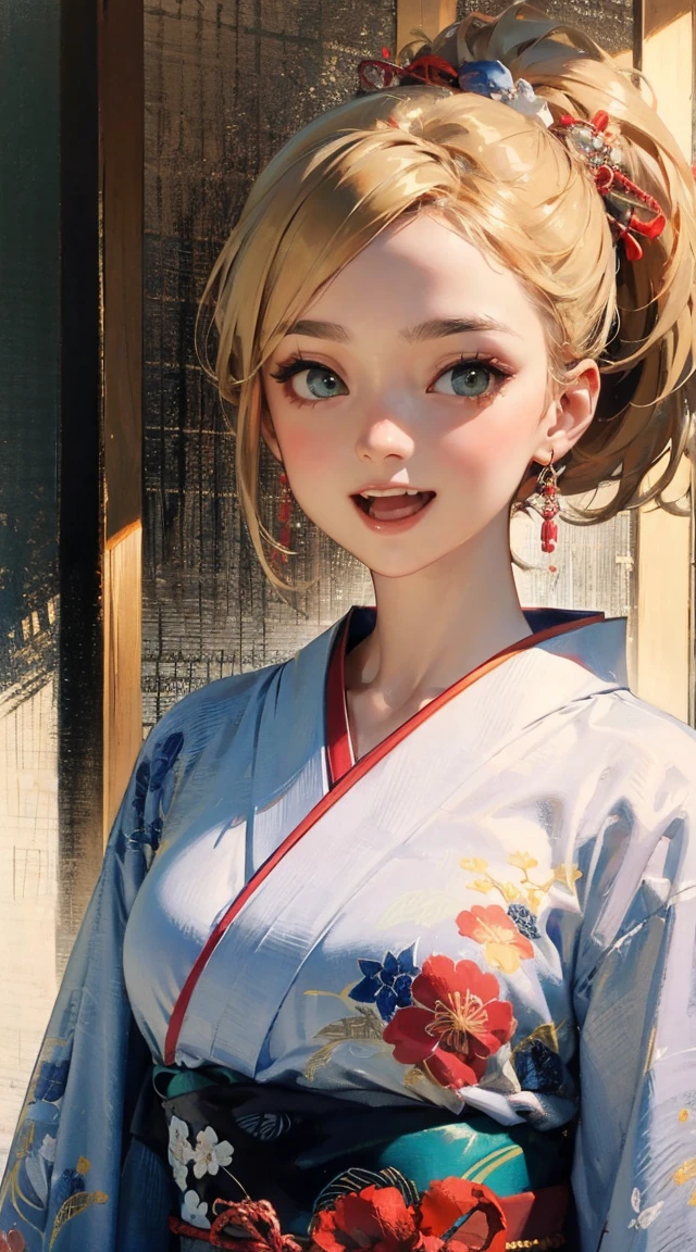 (masterpiece), best quality, expressive eyes, perfect face Beautiful Japanese woman cartoon, cartoon cute anime, Beautiful Japanese kimono, There a dragon embroidery on the kimono. kimono colour black and red, Japanese woman long hair, hair colour Black, hair style ponytail, single eyelids, eye style hooded and sultry and deep set and captivating and enigmatic, Facial expression smile, situation beautiful image. masterpiece, realistic, 8k, (1woman:1.3), european, hazelnut green eyes, white shirt, (blonde hair:1.1) , short-cut,(buzz-cut:1.1),1girl in,((:D))、